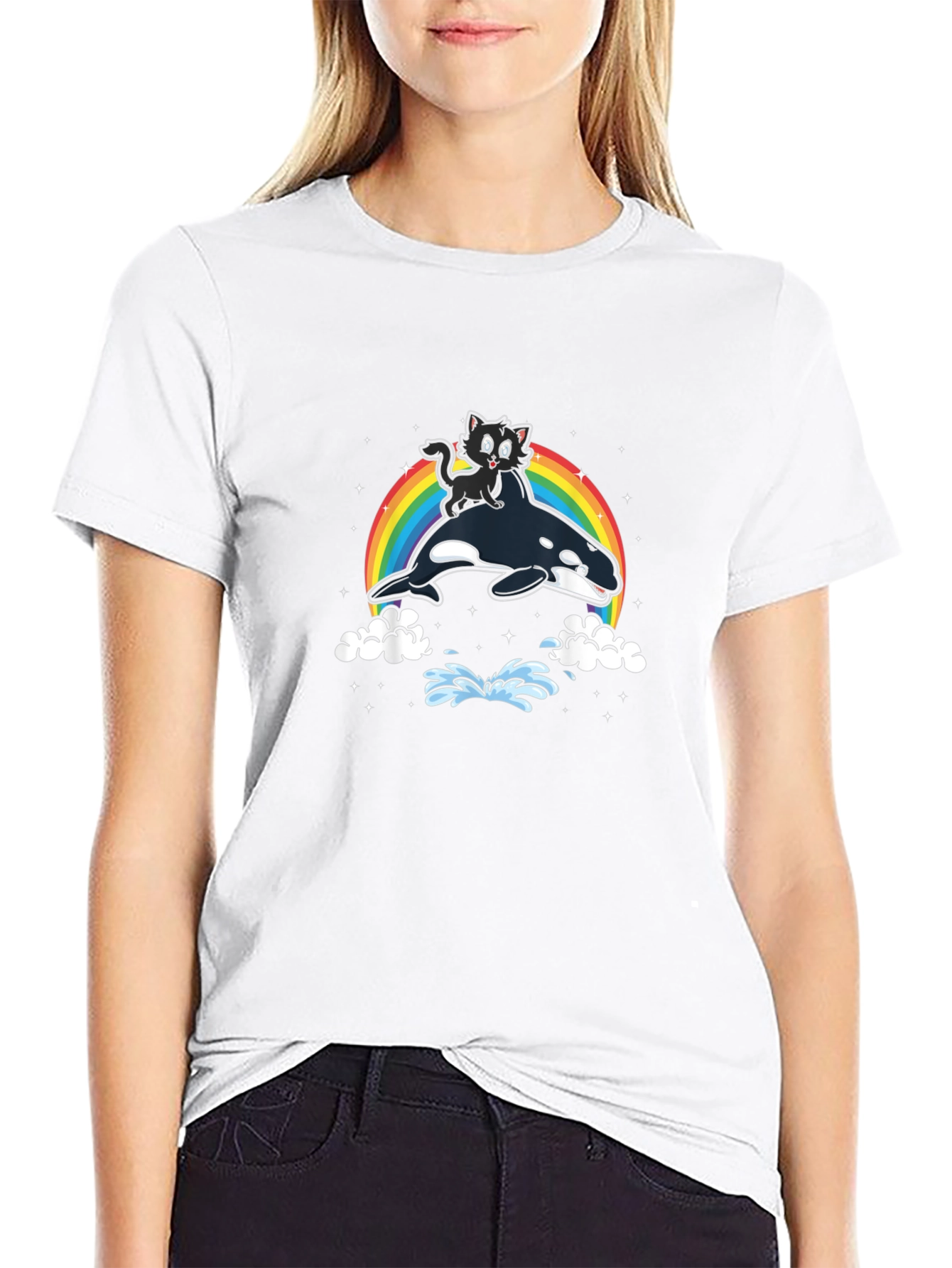 Cat Riding Orca T-Shirt - Rainbow Whimsical Design