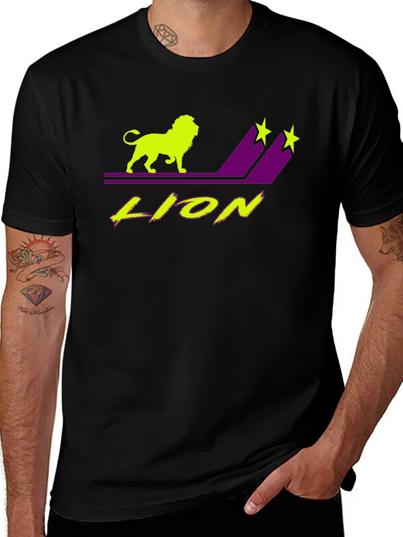 Lion Graphic T-Shirt - Black Tee with Neon Design