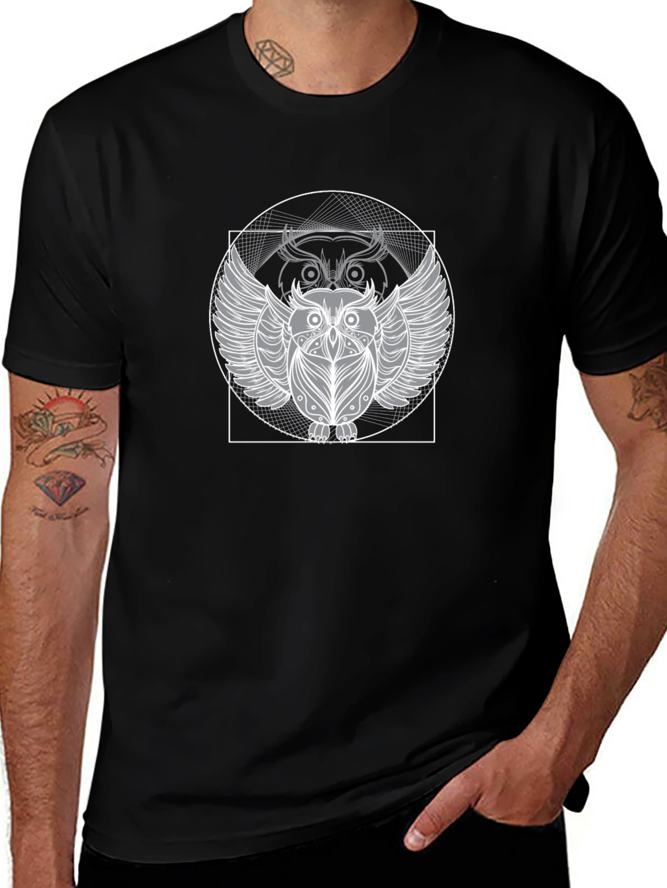 Geometric Owl Graphic Black T-Shirt