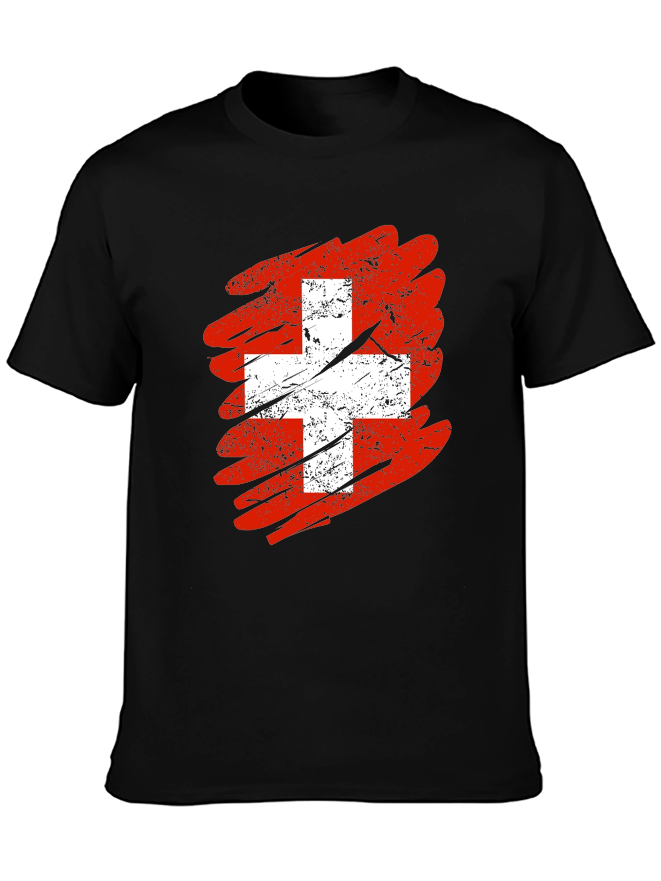 Distressed Swiss Flag Graphic Tee - Mens Black T-Shirt