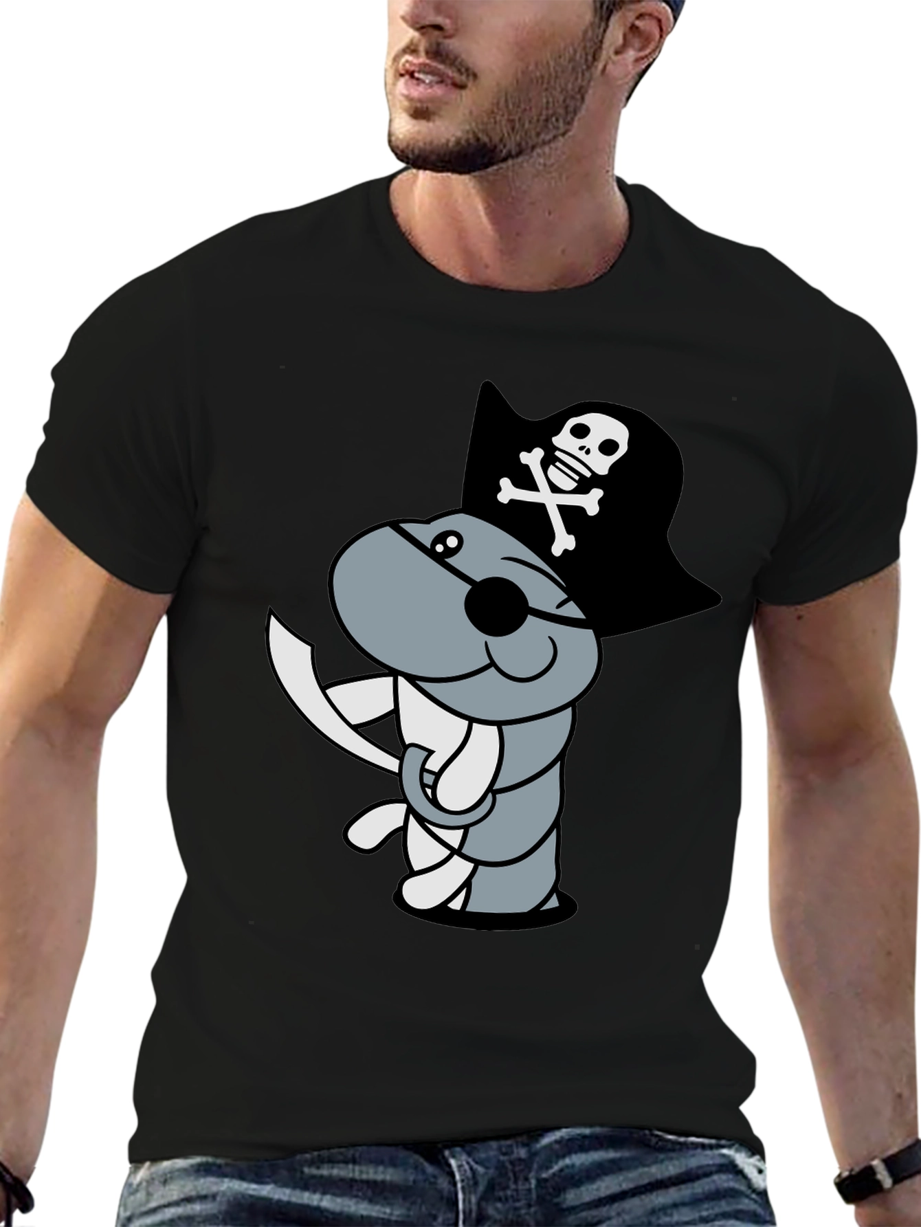 Pirate Worm Graphic T-Shirt - Black Cotton Tee