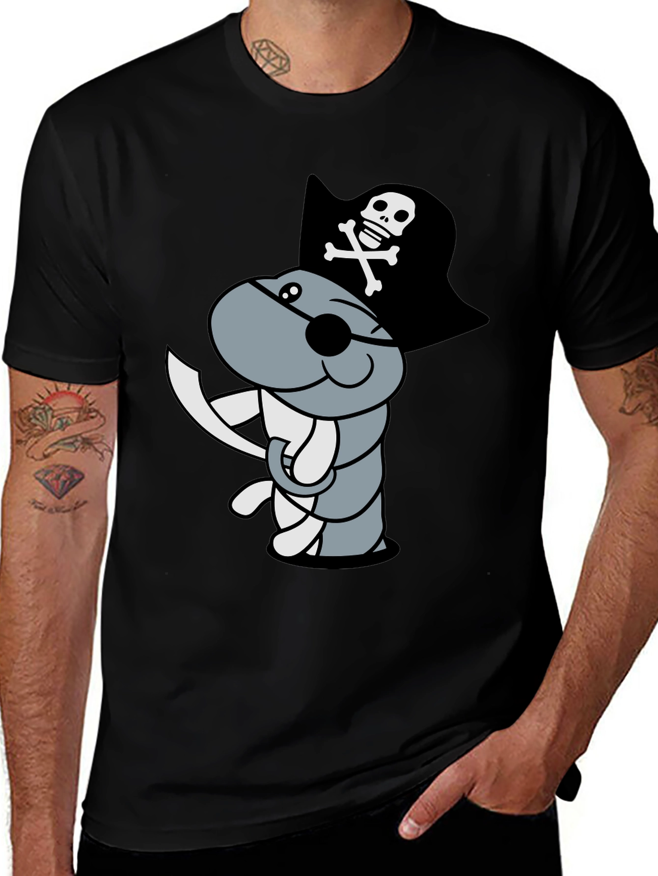 Pirate Worm Graphic T-Shirt - Black Cotton Tee
