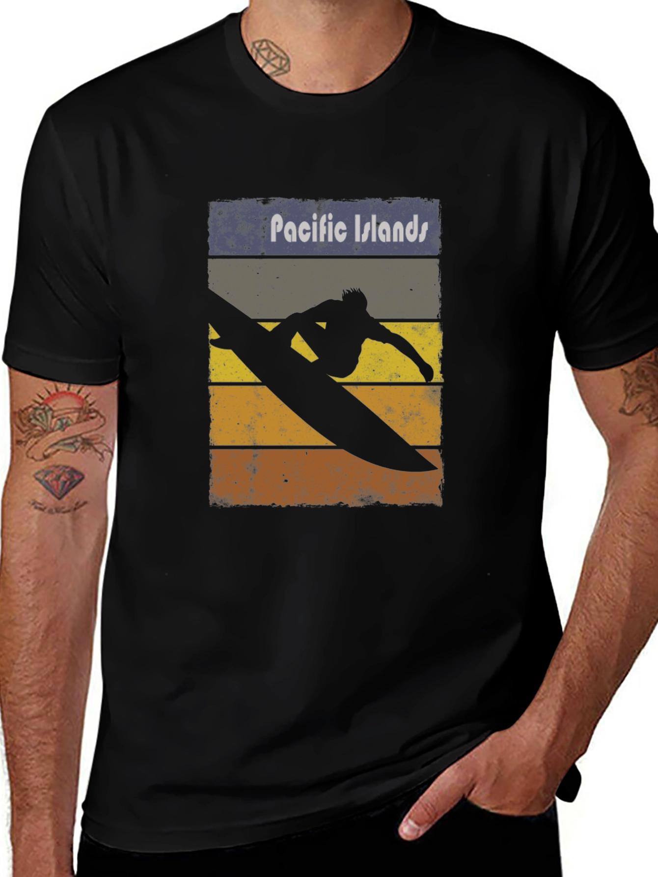 Pacific Islands Surfboard Retro Graphic T-Shirt