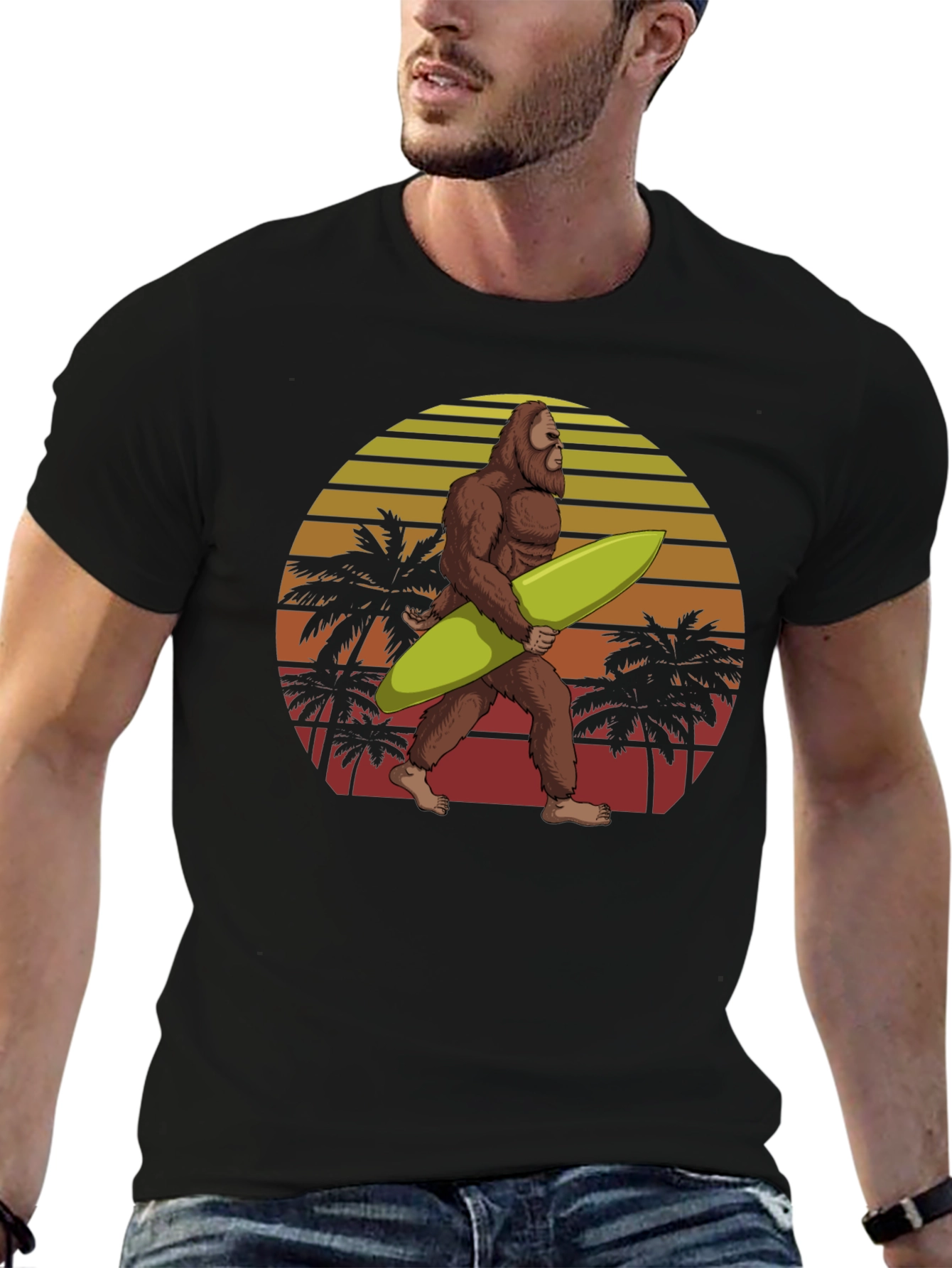 Sasquatch Surfer Graphic Tee - Black Cotton T-Shirt