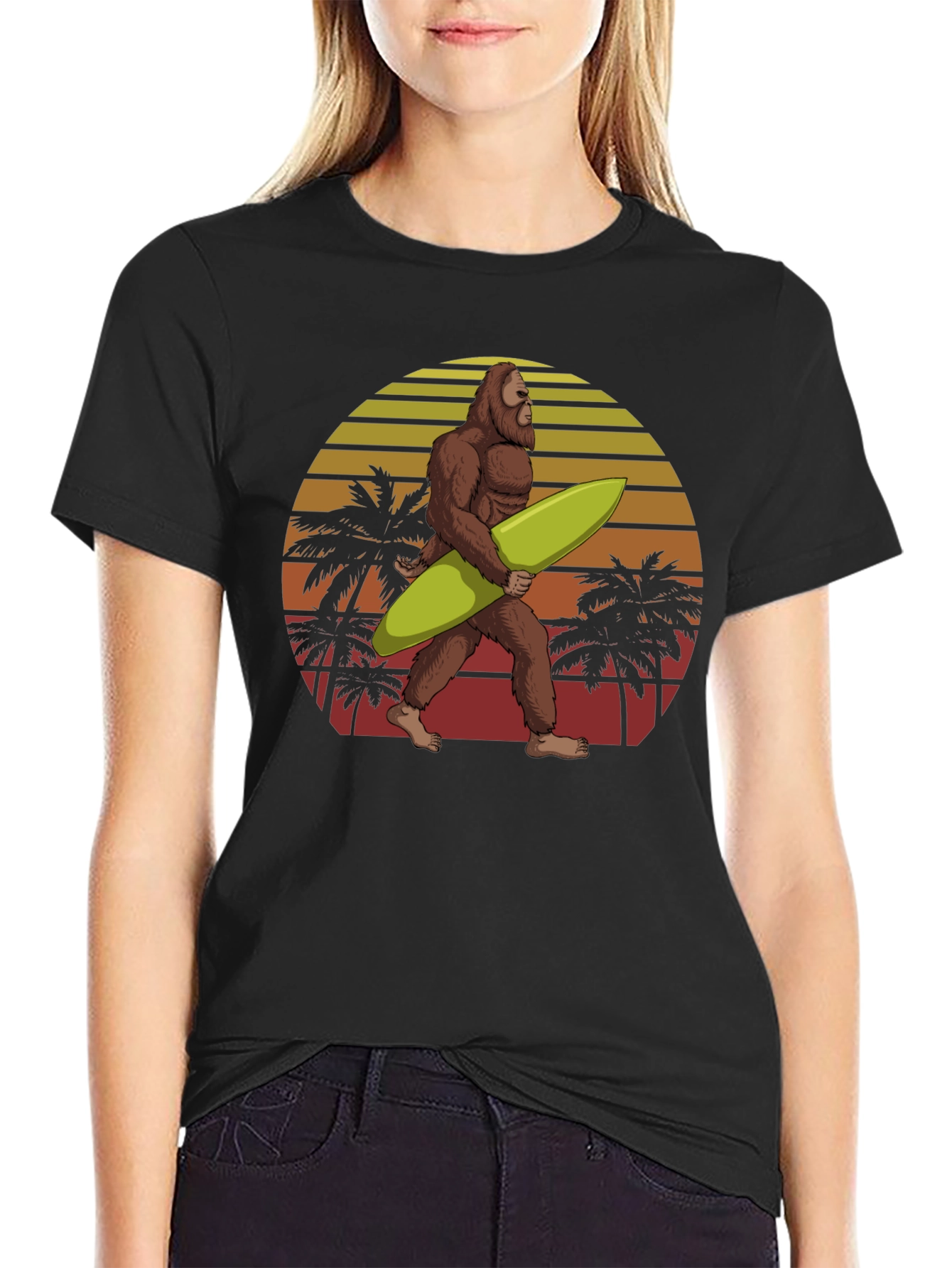 Sasquatch Surfer Graphic Tee - Black Cotton T-Shirt