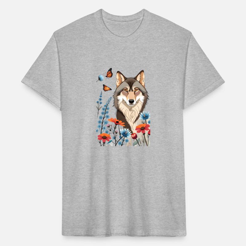 Picture a wolf sitting in a meadow of flowers