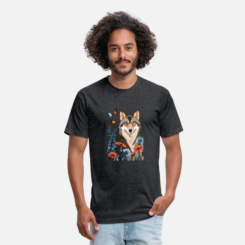 Picture a wolf sitting in a meadow of flowers
