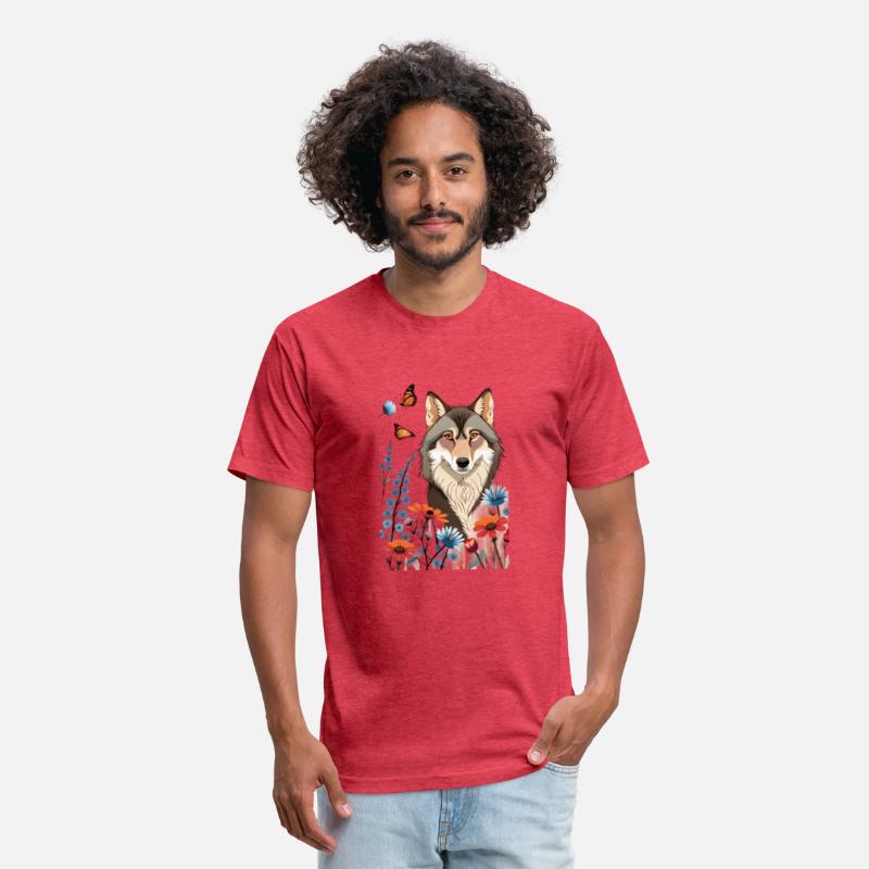 Picture a wolf sitting in a meadow of flowers