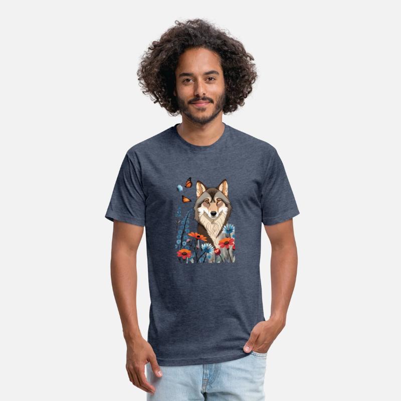 Picture a wolf sitting in a meadow of flowers
