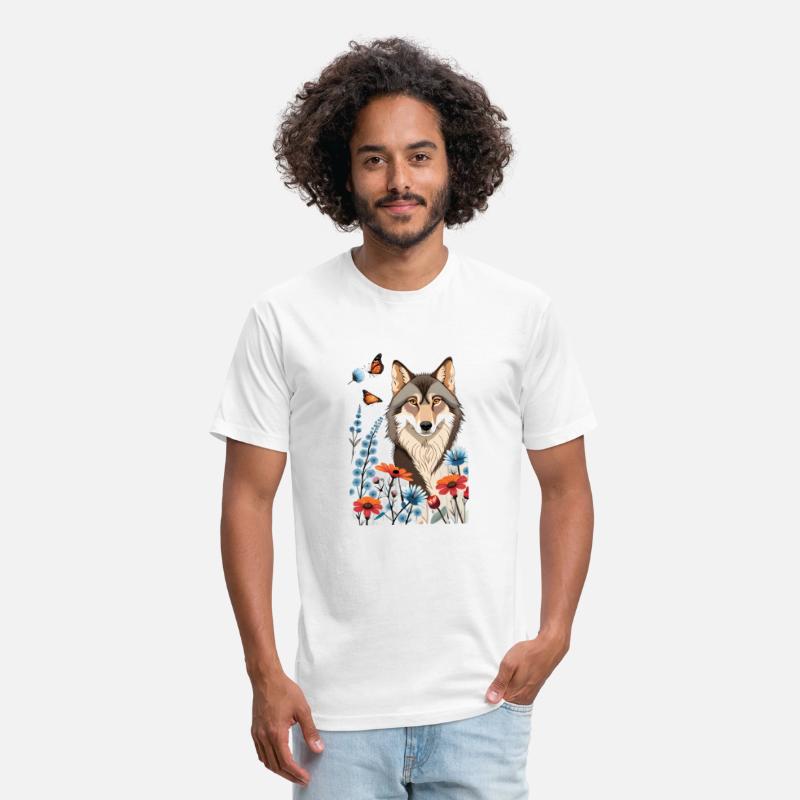 Picture a wolf sitting in a meadow of flowers