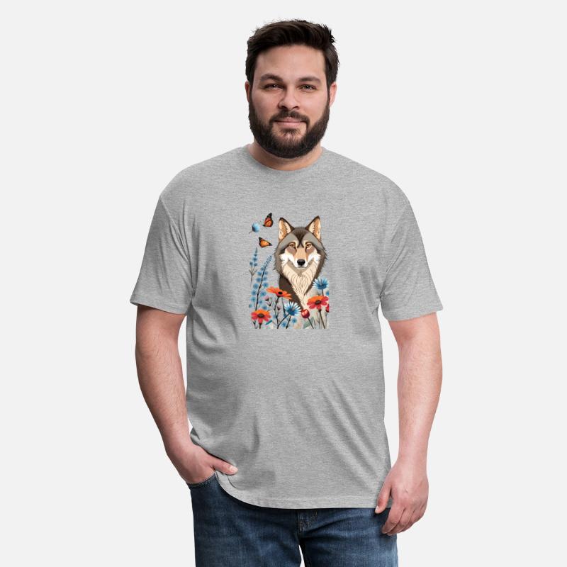 Picture a wolf sitting in a meadow of flowers