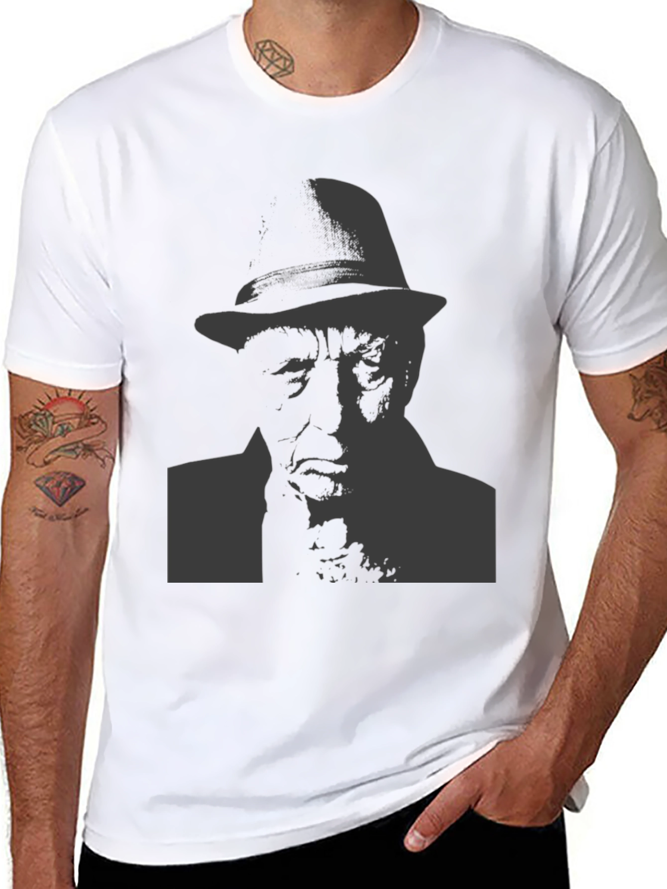 Black T-Shirt with Man in Hat Graphic
