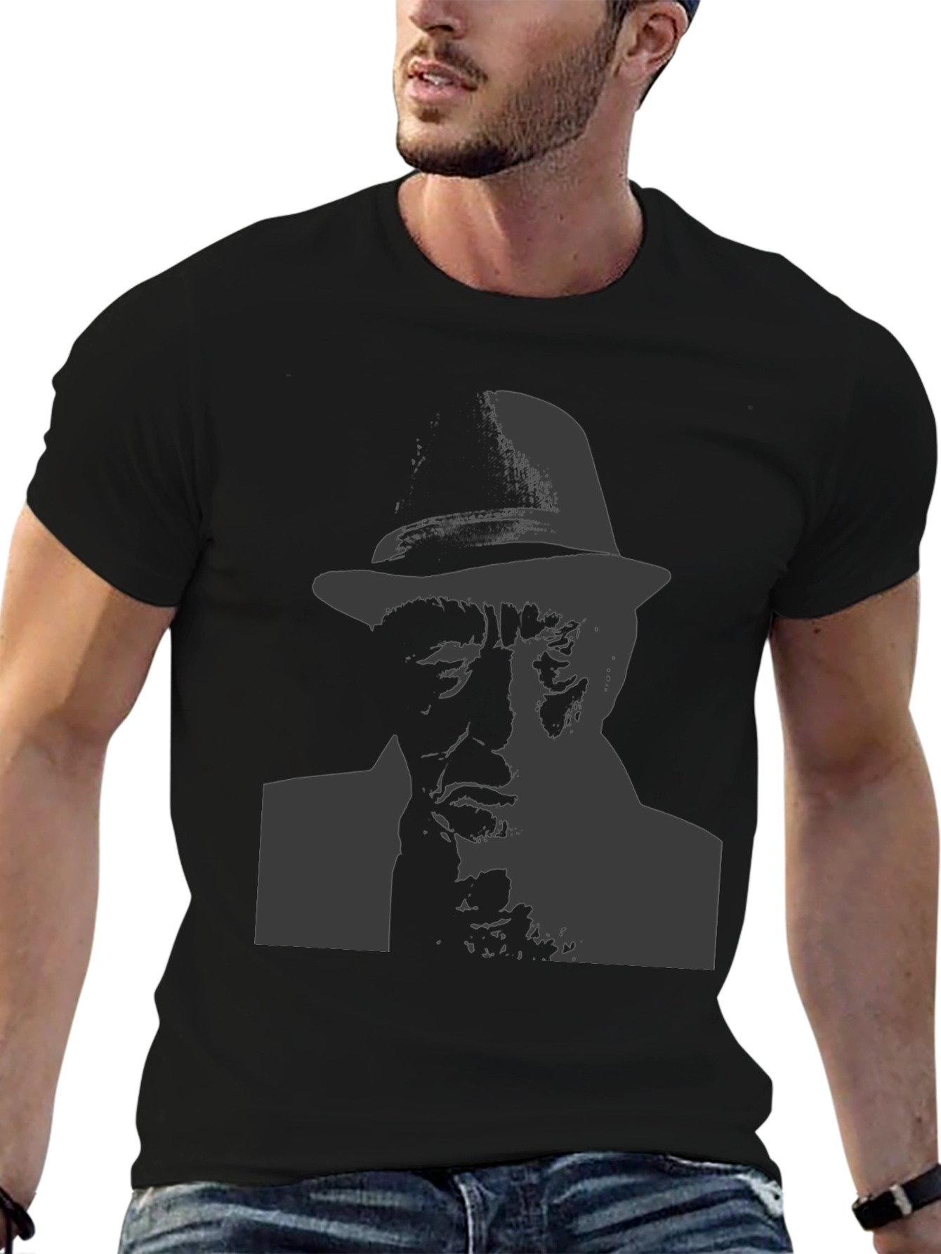 Black T-Shirt with Man in Hat Graphic