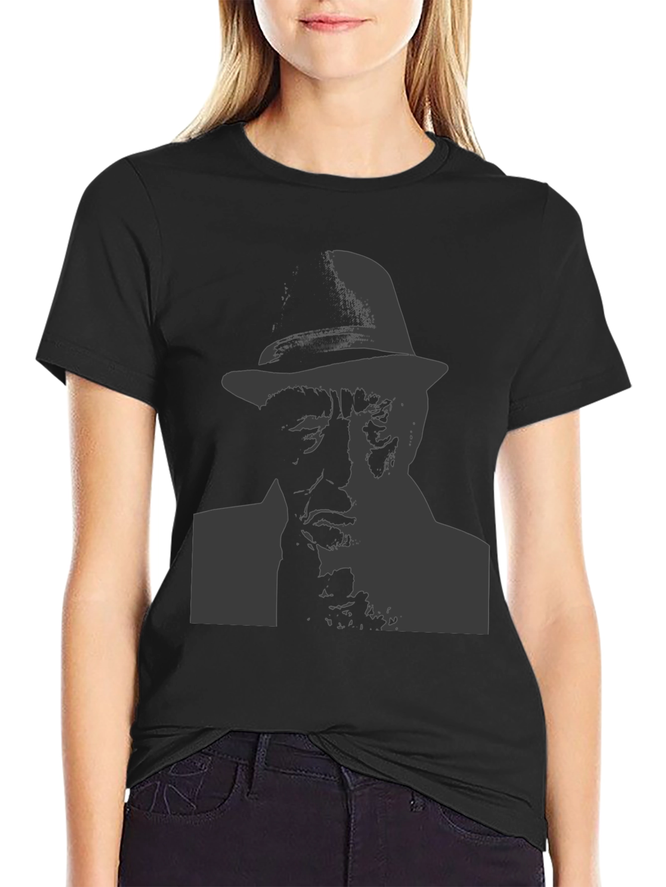 Black T-Shirt with Man in Hat Graphic