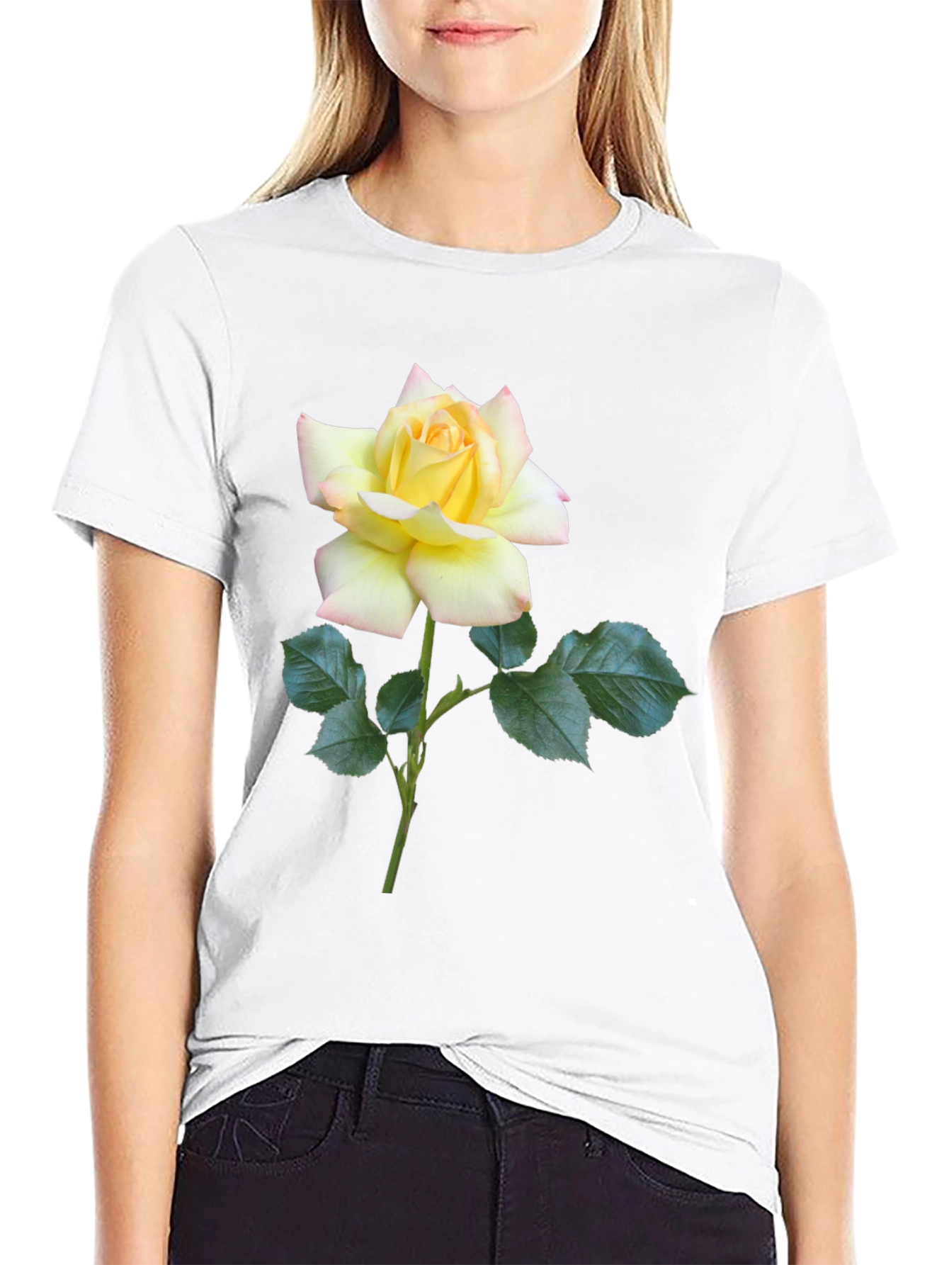 Black T-Shirt with Yellow Rose Graphic