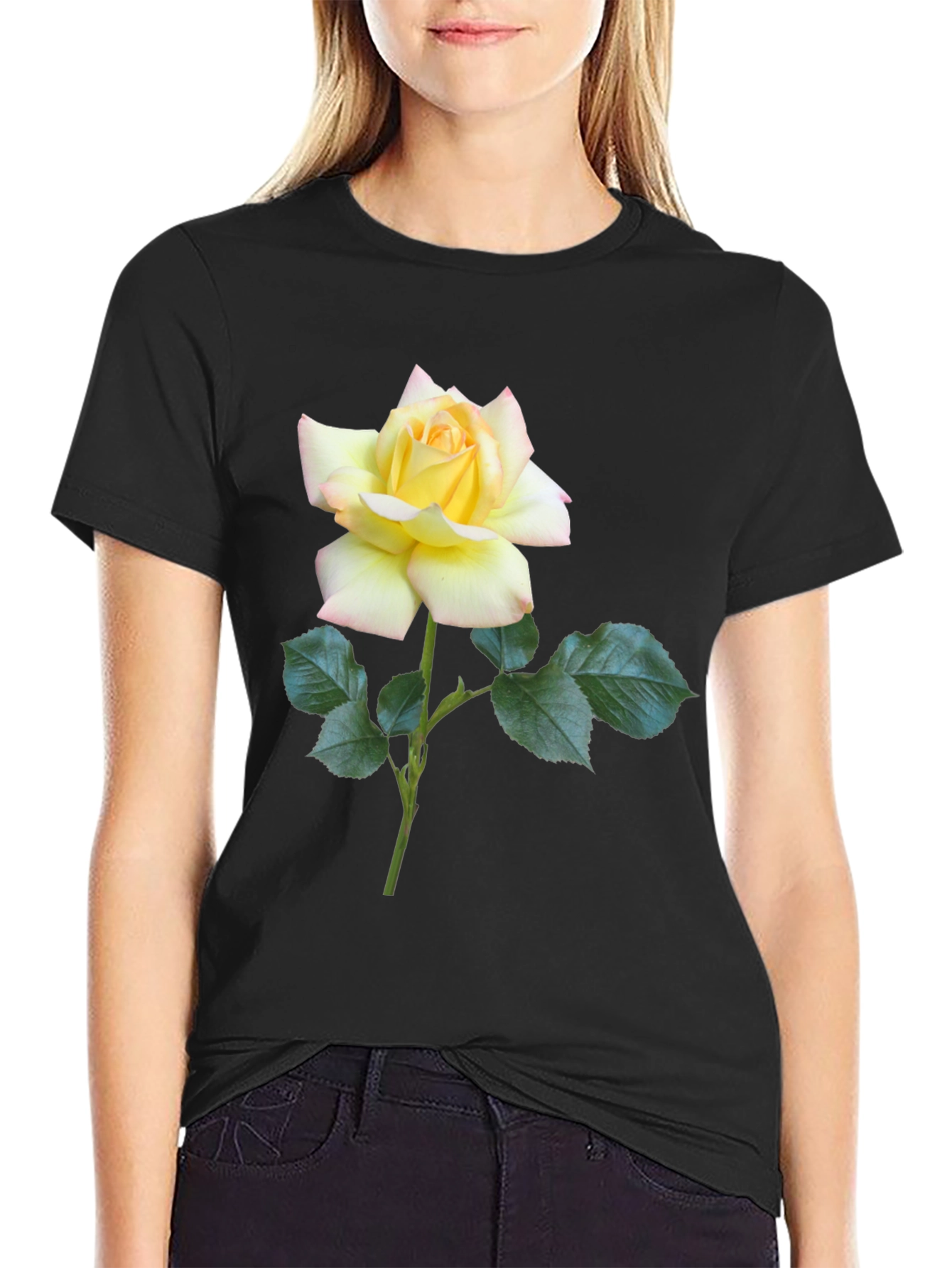 Black T-Shirt with Yellow Rose Graphic