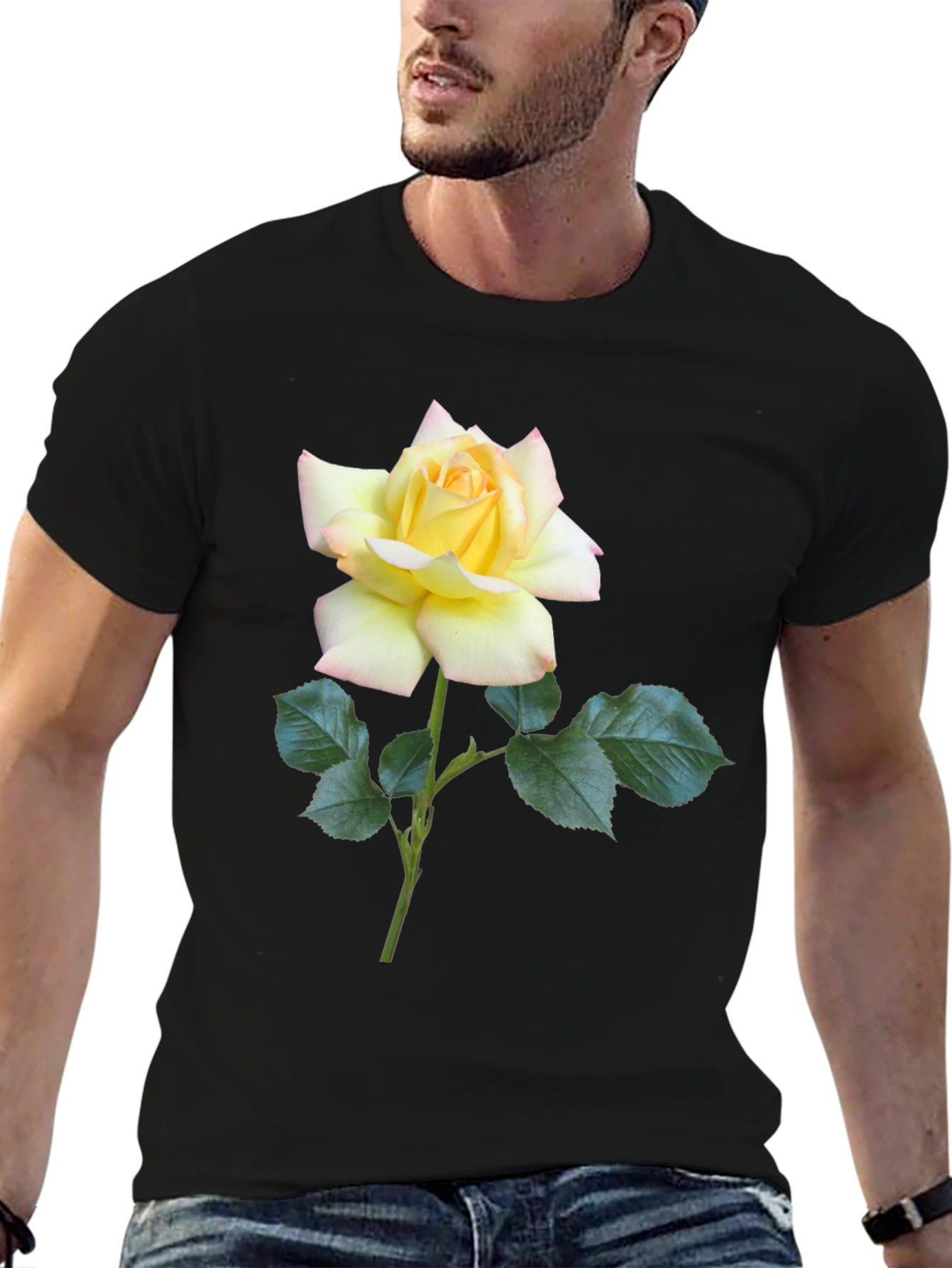 Black T-Shirt with Yellow Rose Graphic