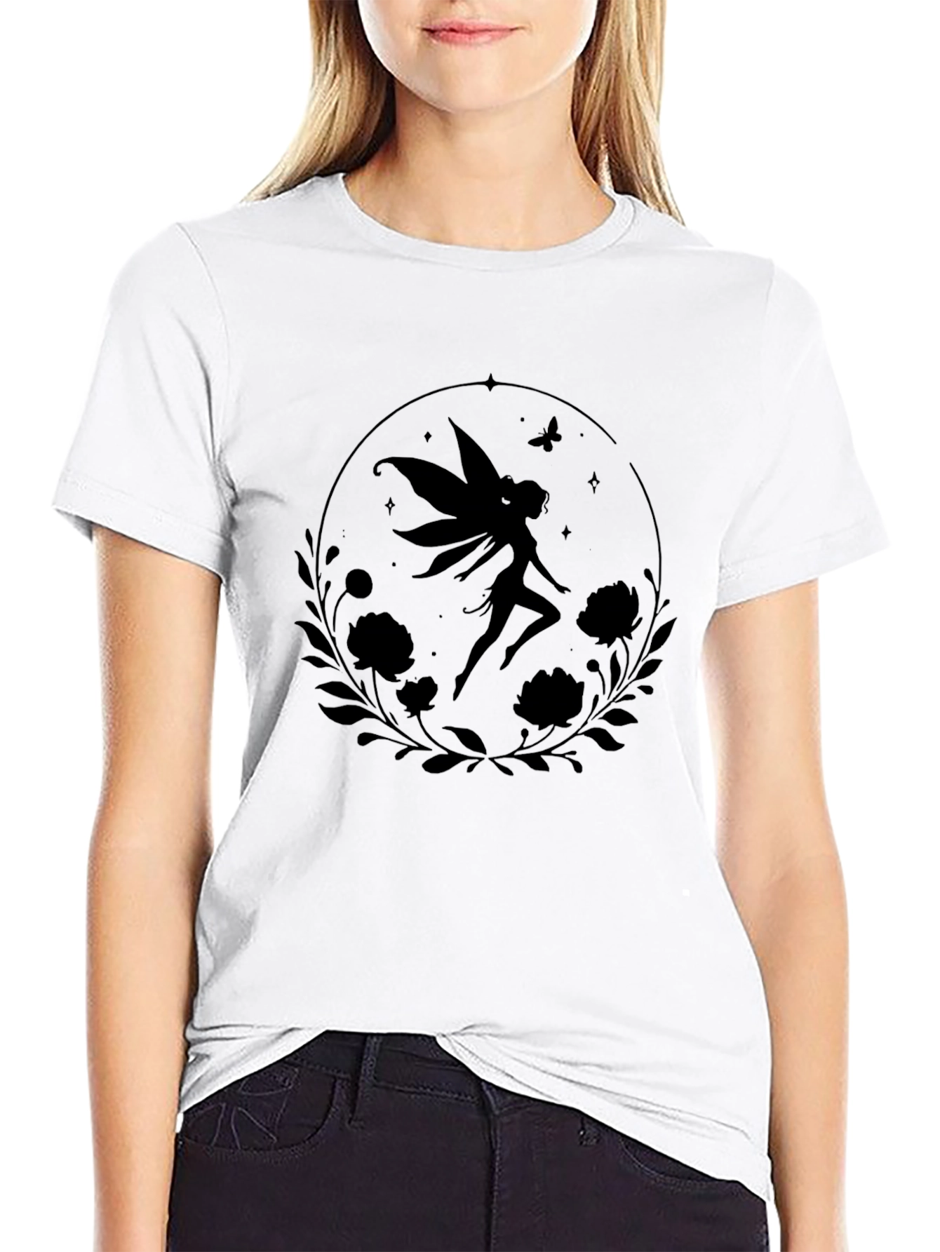Fairy Silhouette Graphic Tee - Black Cotton Blend