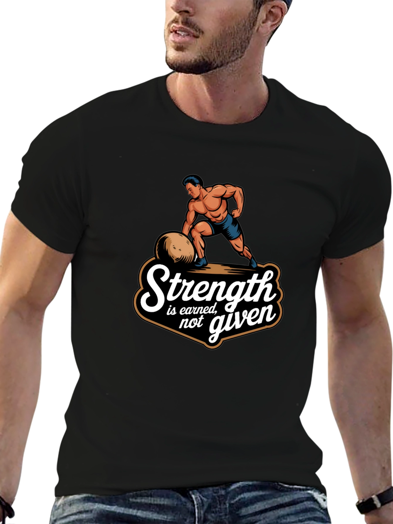 Strength Earned Graphic Tee - Bodybuilder Design Black T-Shirt