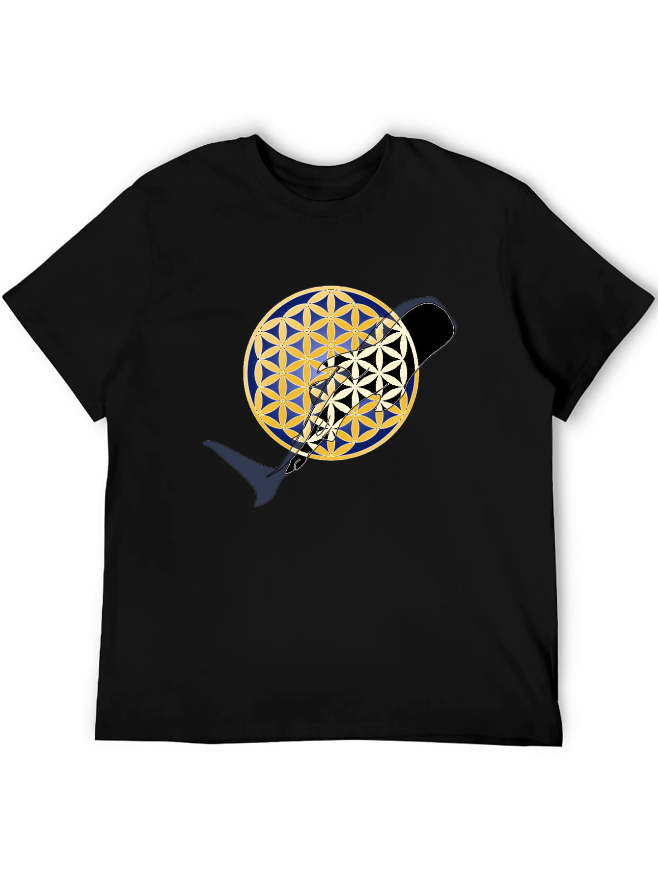 Abstract Whale Yin Yang Flower of Life Black T-Shirt