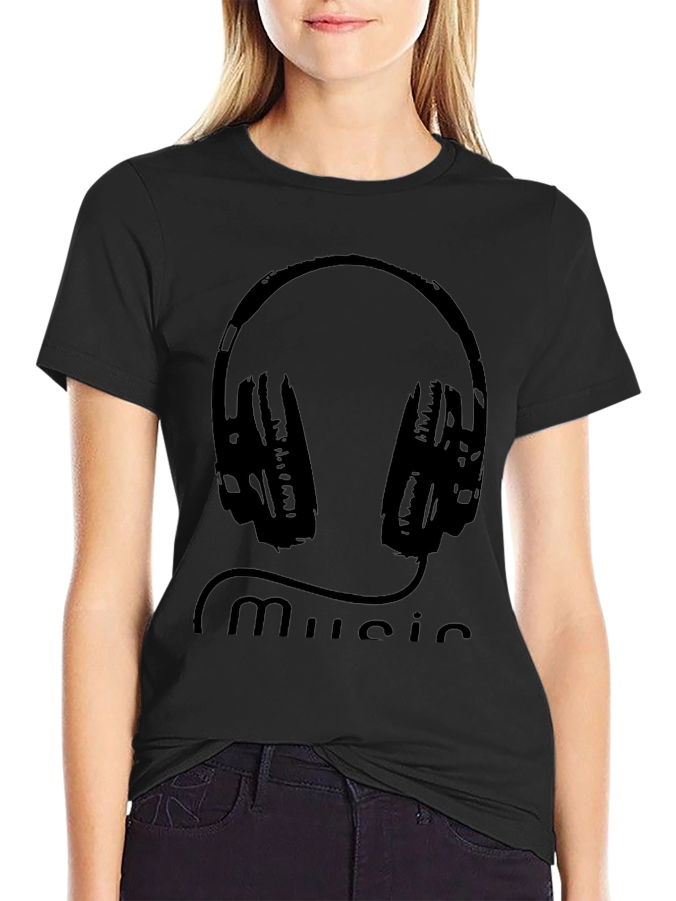 Music Lovers Black Tee with Headphone Graphic