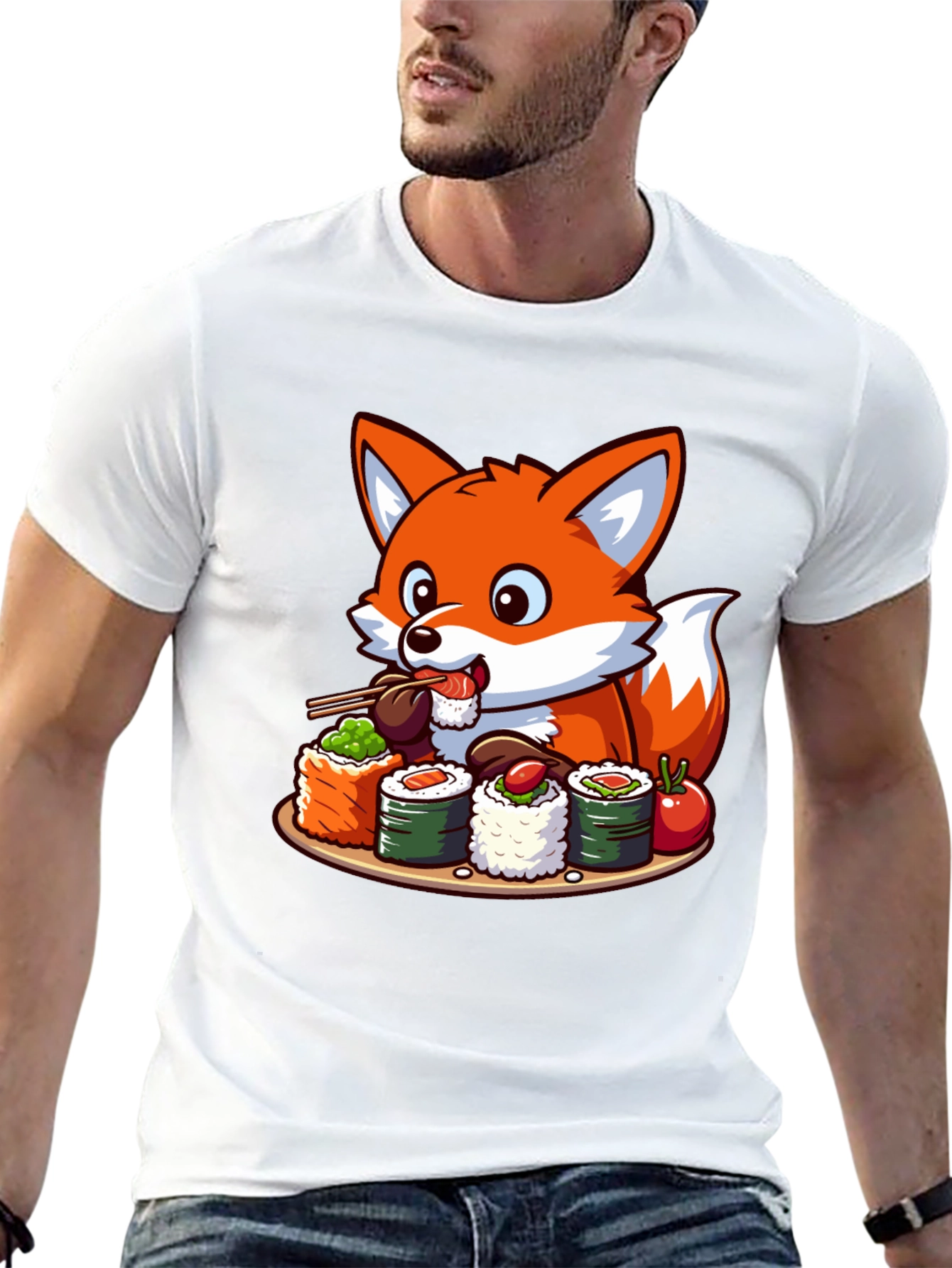 Fox Loves Sushi Graphic T-Shirt - Unisex Casual Tee
