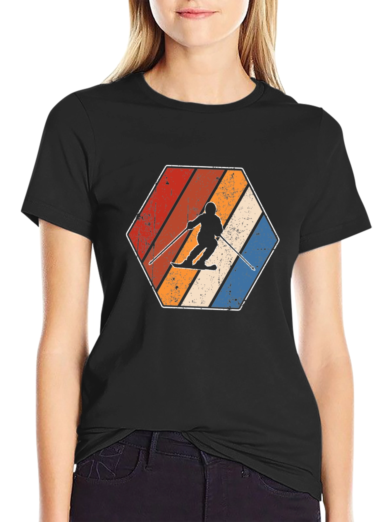 Retro Skiing Hexagon Graphic Tee - Black