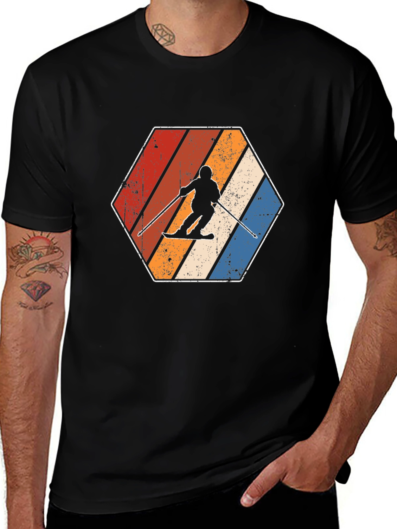 Retro Skiing Hexagon Graphic Tee - Black