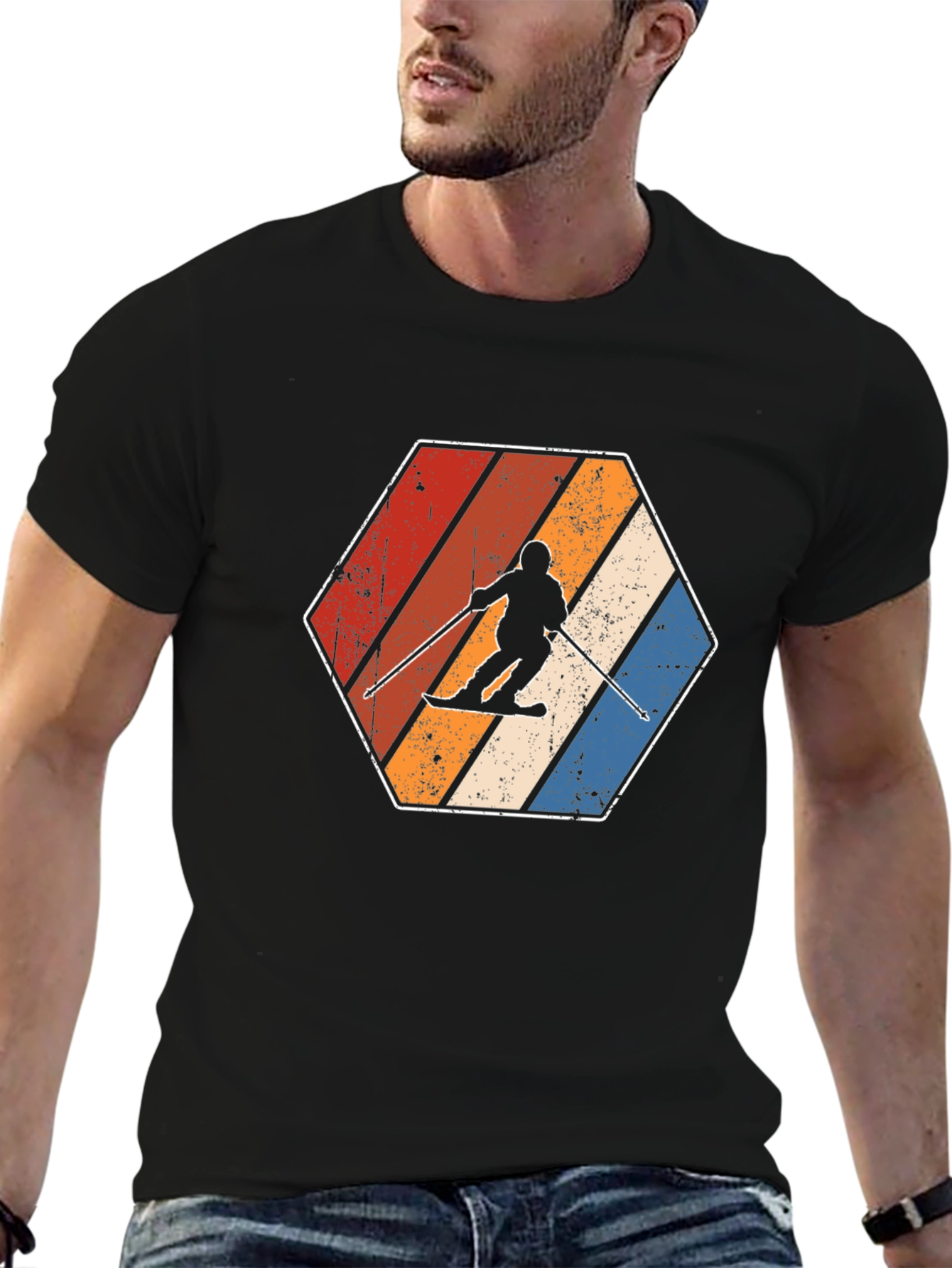 Retro Skiing Hexagon Graphic Tee - Black