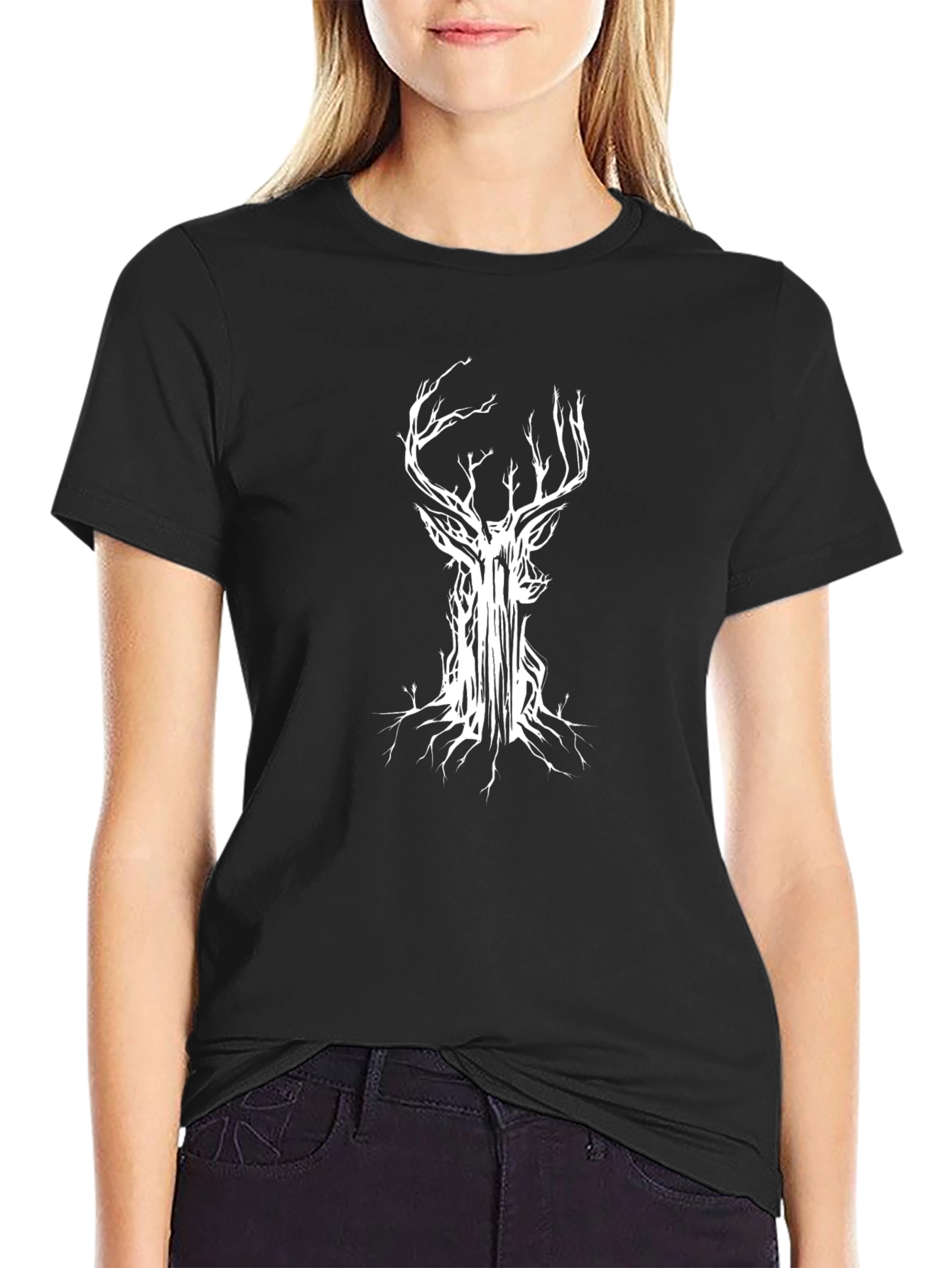 Mens Black T-Shirt with Abstract Deer Tree Graphic