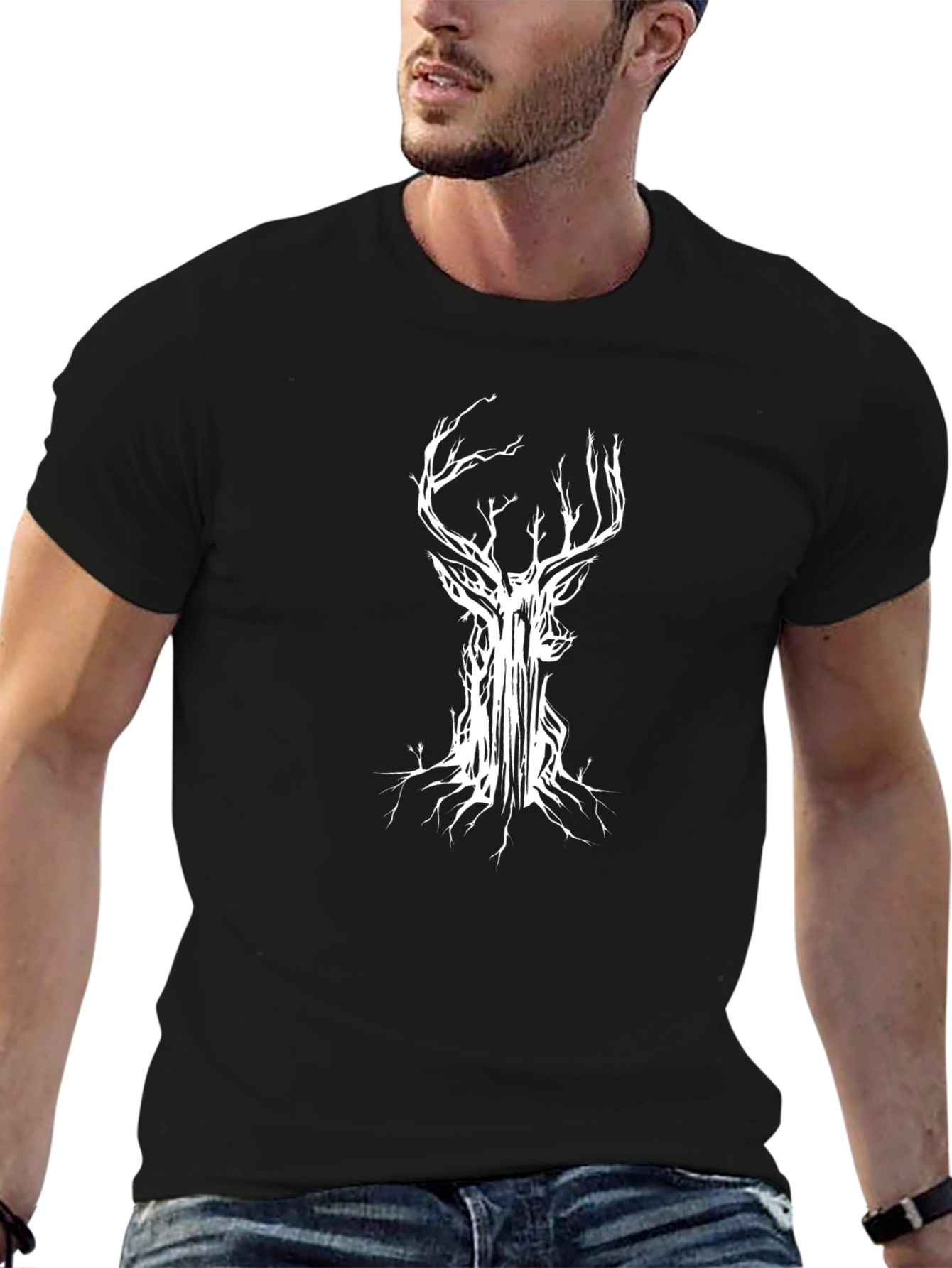 Mens Black T-Shirt with Abstract Deer Tree Graphic