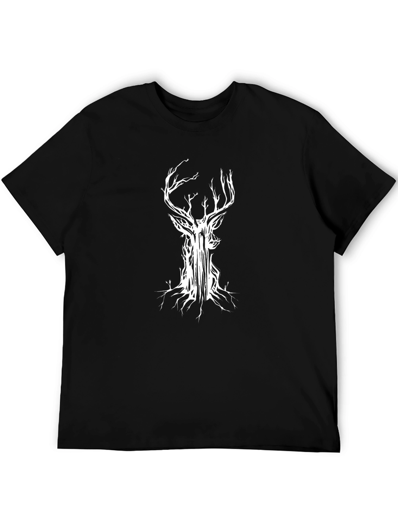 Mens Black T-Shirt with Abstract Deer Tree Graphic