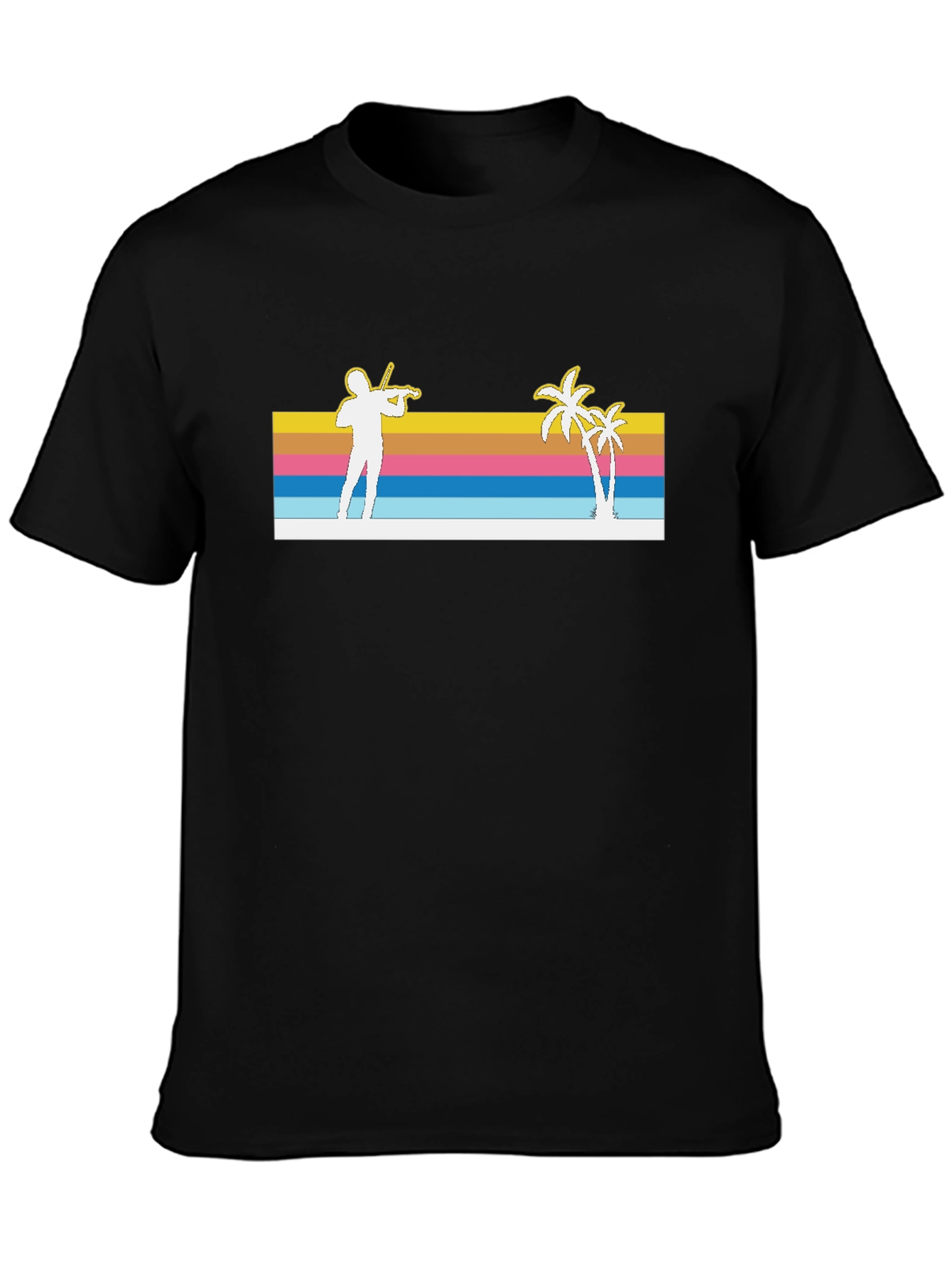 Retro Violinist & Palm Trees Black T-Shirt
