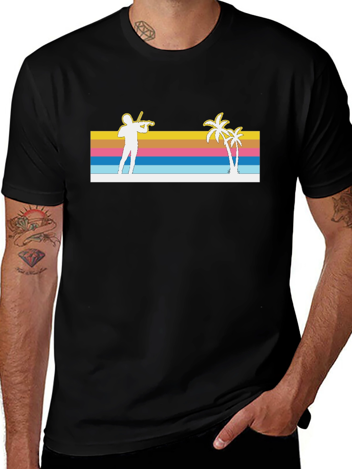 Retro Violinist & Palm Trees Black T-Shirt