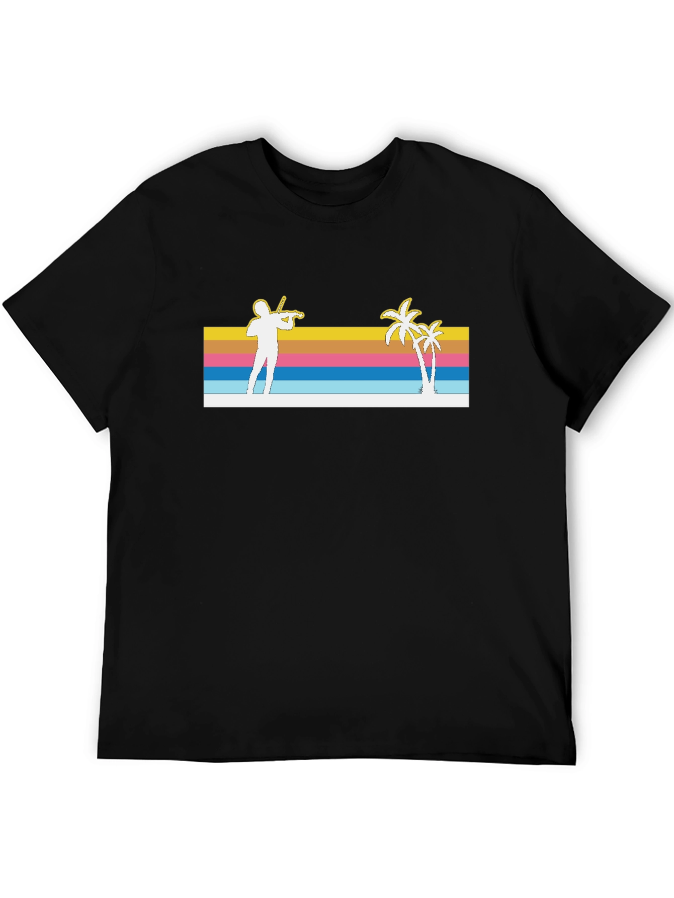 Retro Violinist & Palm Trees Black T-Shirt