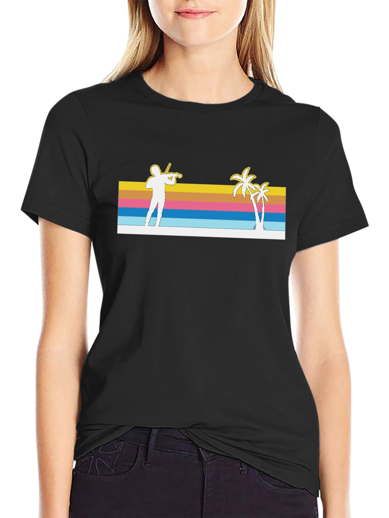Retro Violinist & Palm Trees Black T-Shirt