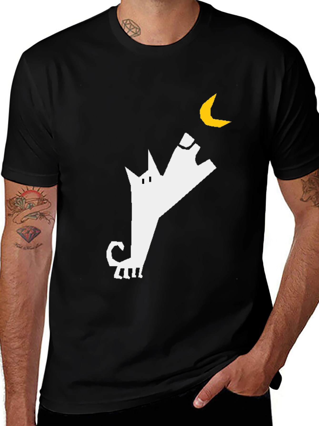 Black T-Shirt with Geometric Wolf & Moon Design