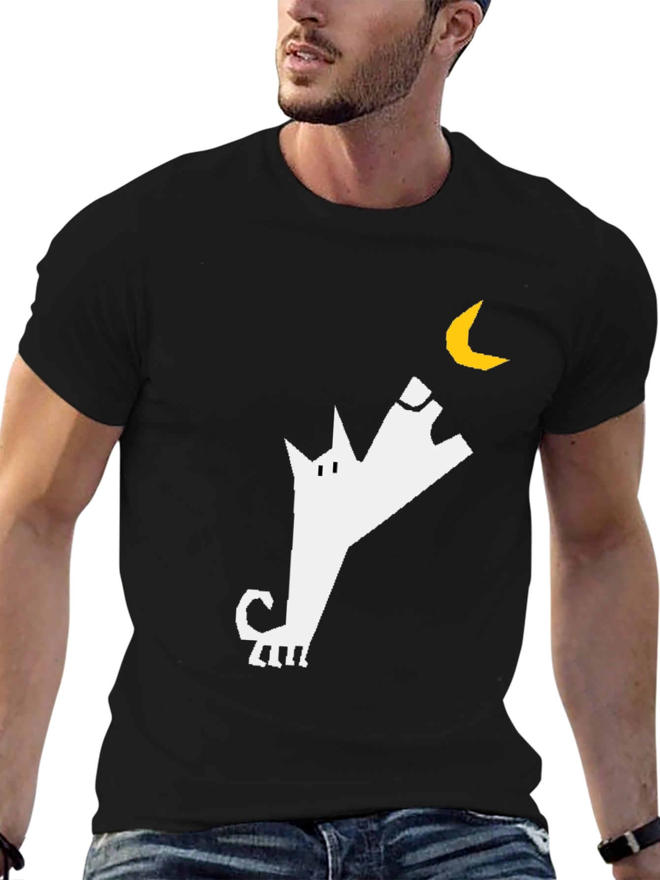 Black T-Shirt with Geometric Wolf & Moon Design