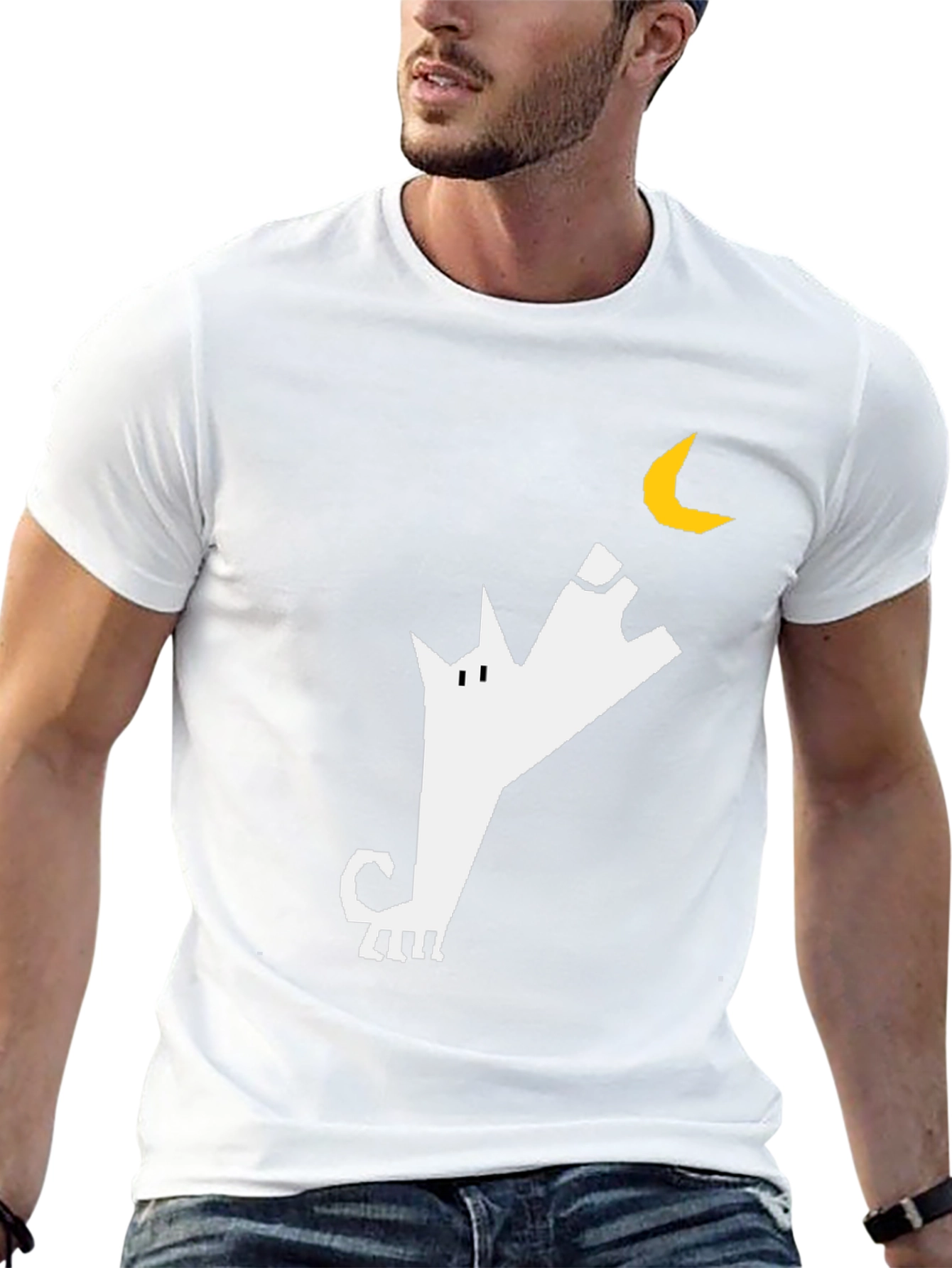 Black T-Shirt with Geometric Wolf & Moon Design