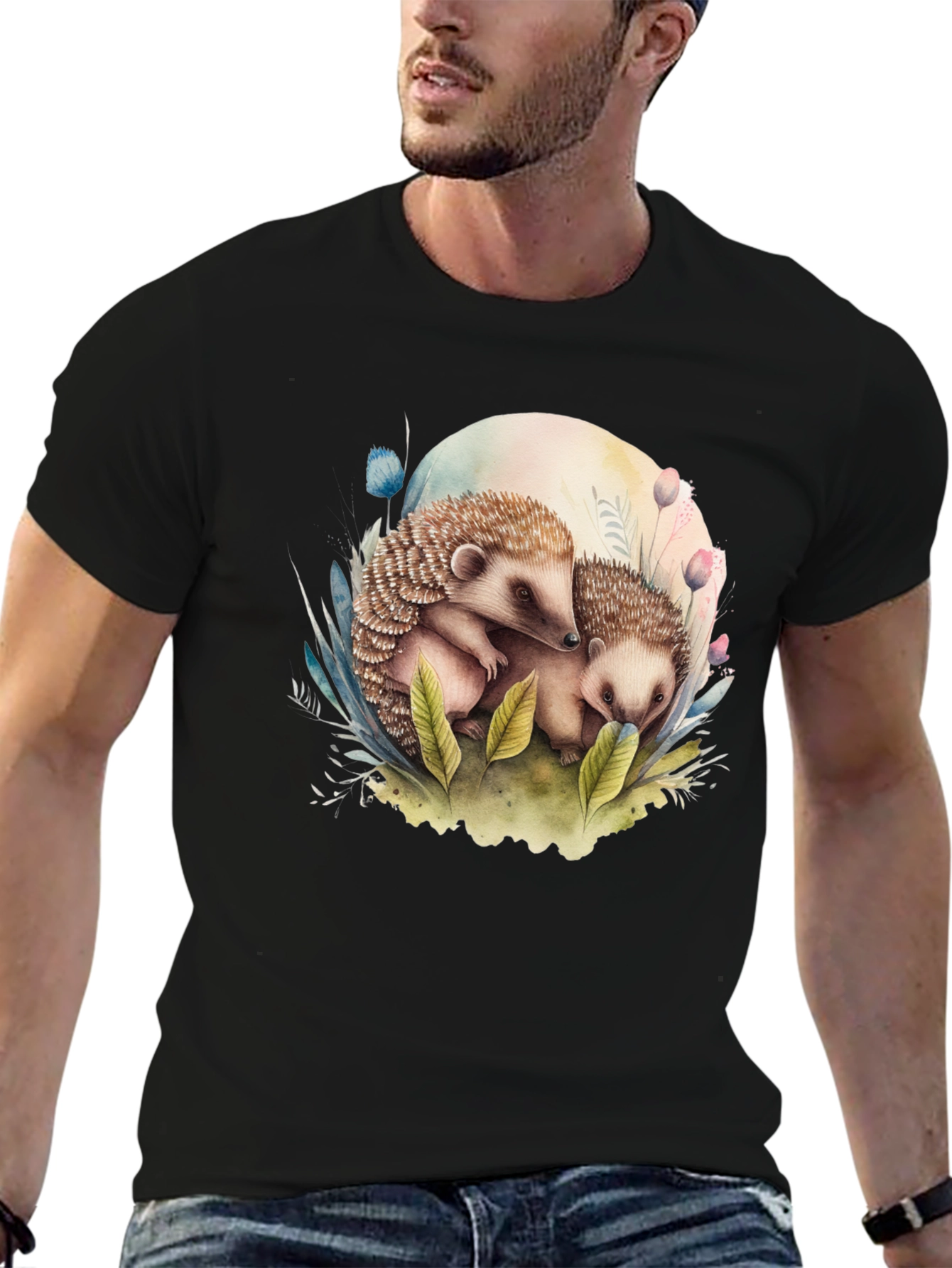 Cute Hedgehog Graphic Tee - Black