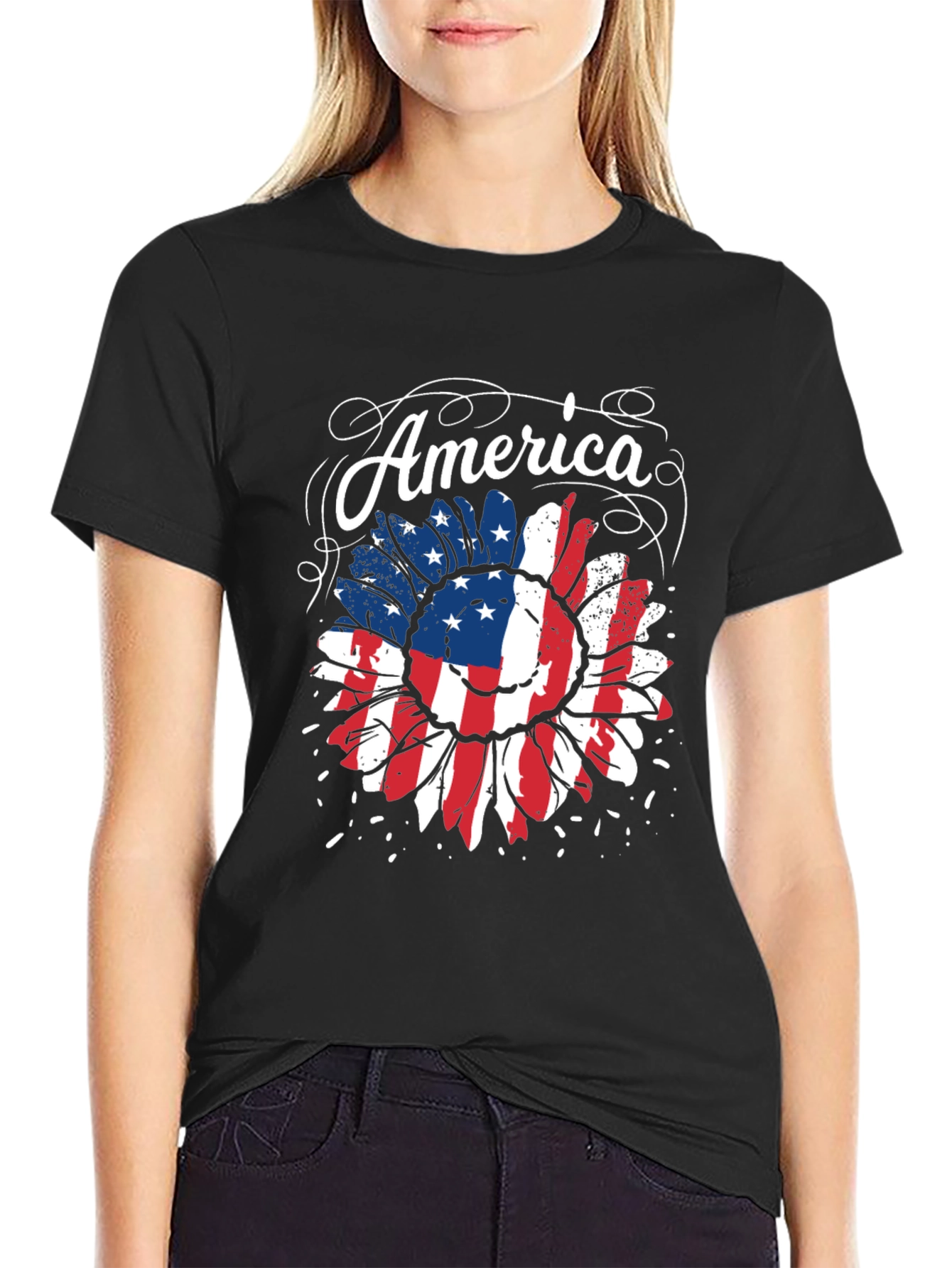 American Flag Sunflower Graphic Tee - Patriotic Style