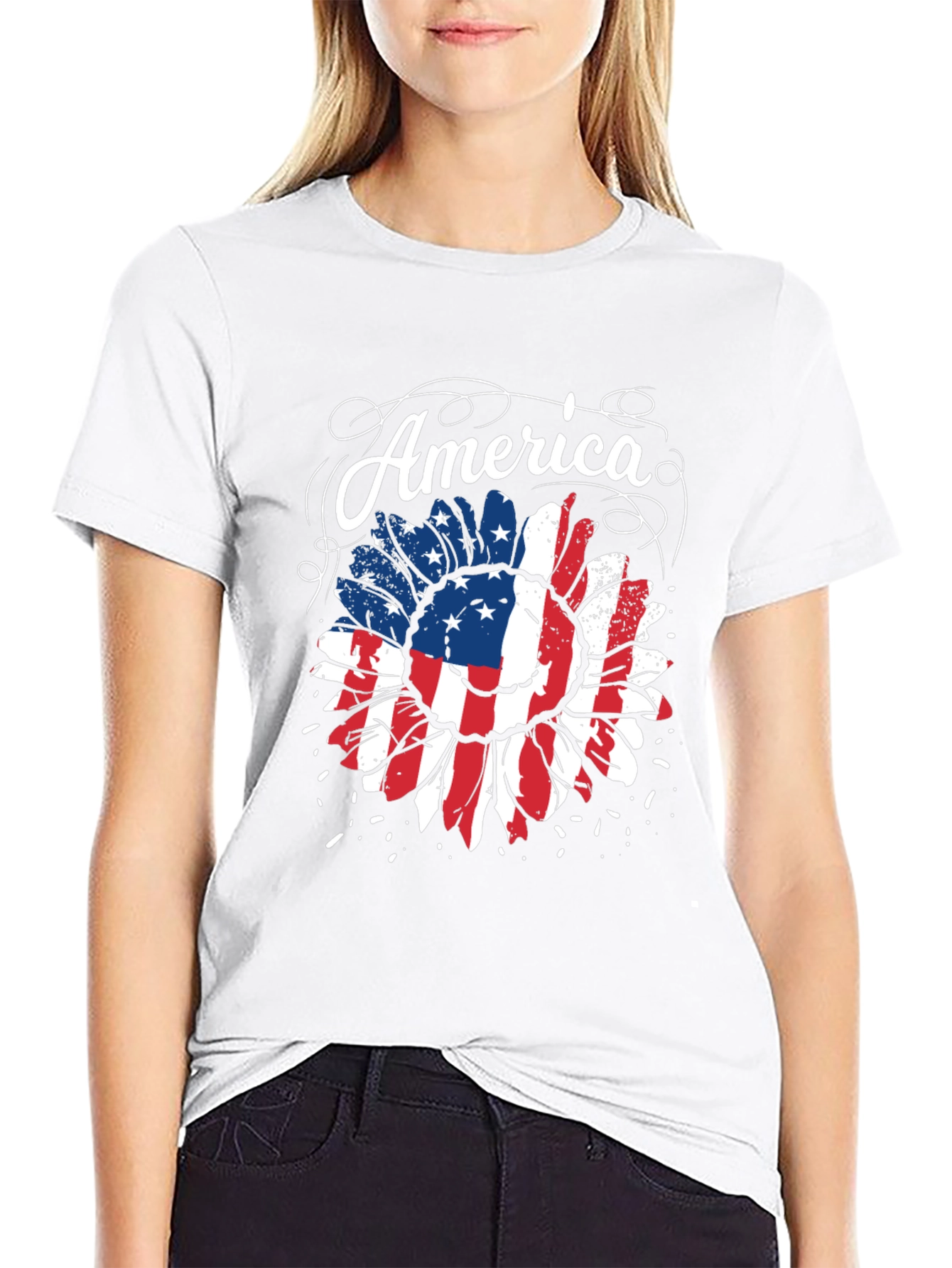 American Flag Sunflower Graphic Tee - Patriotic Style
