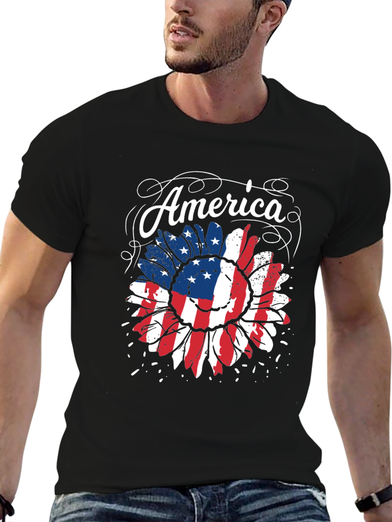 American Flag Sunflower Graphic Tee - Patriotic Style