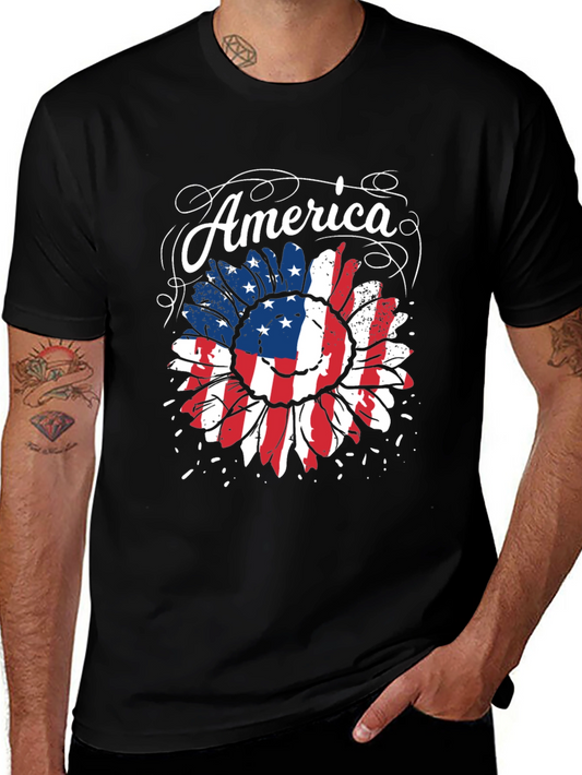 American Flag Sunflower Graphic Tee - Patriotic Style