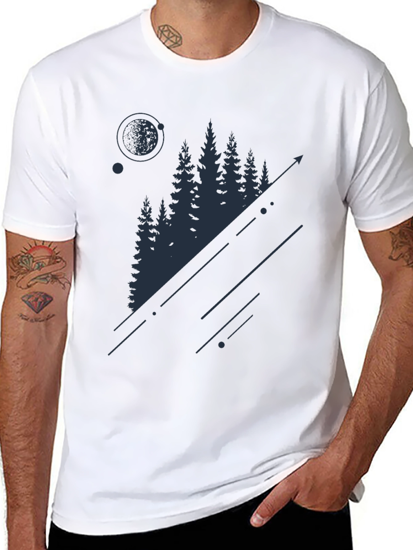Mens Black T-Shirt with Forest and Moon Graphic
