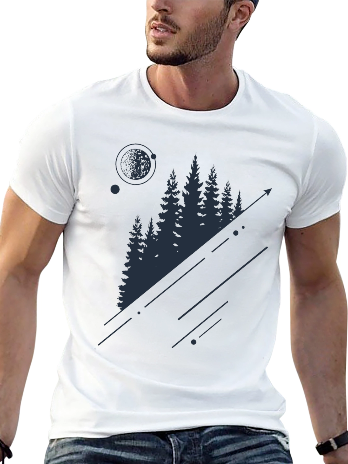 Mens Black T-Shirt with Forest and Moon Graphic