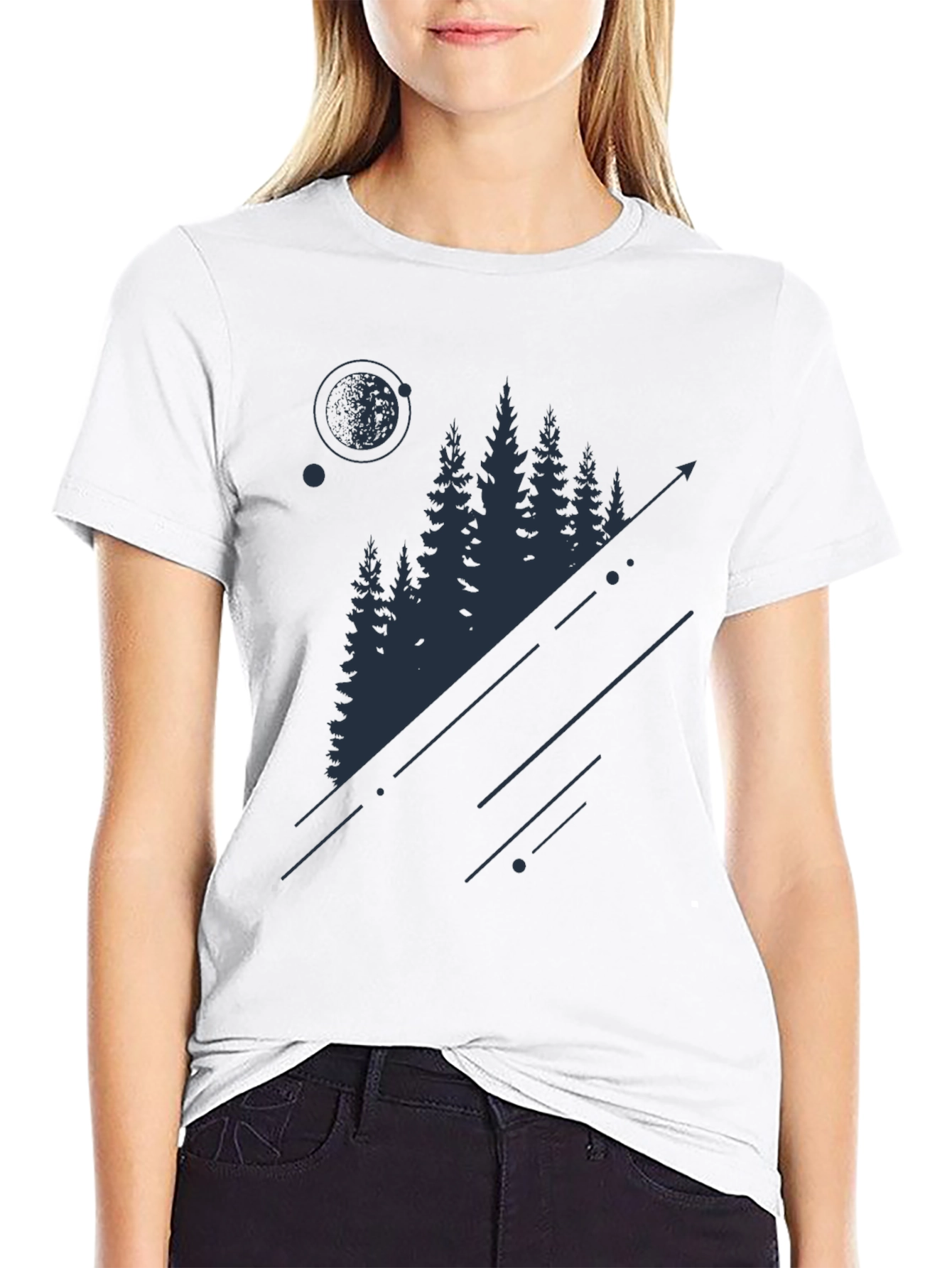 Mens Black T-Shirt with Forest and Moon Graphic