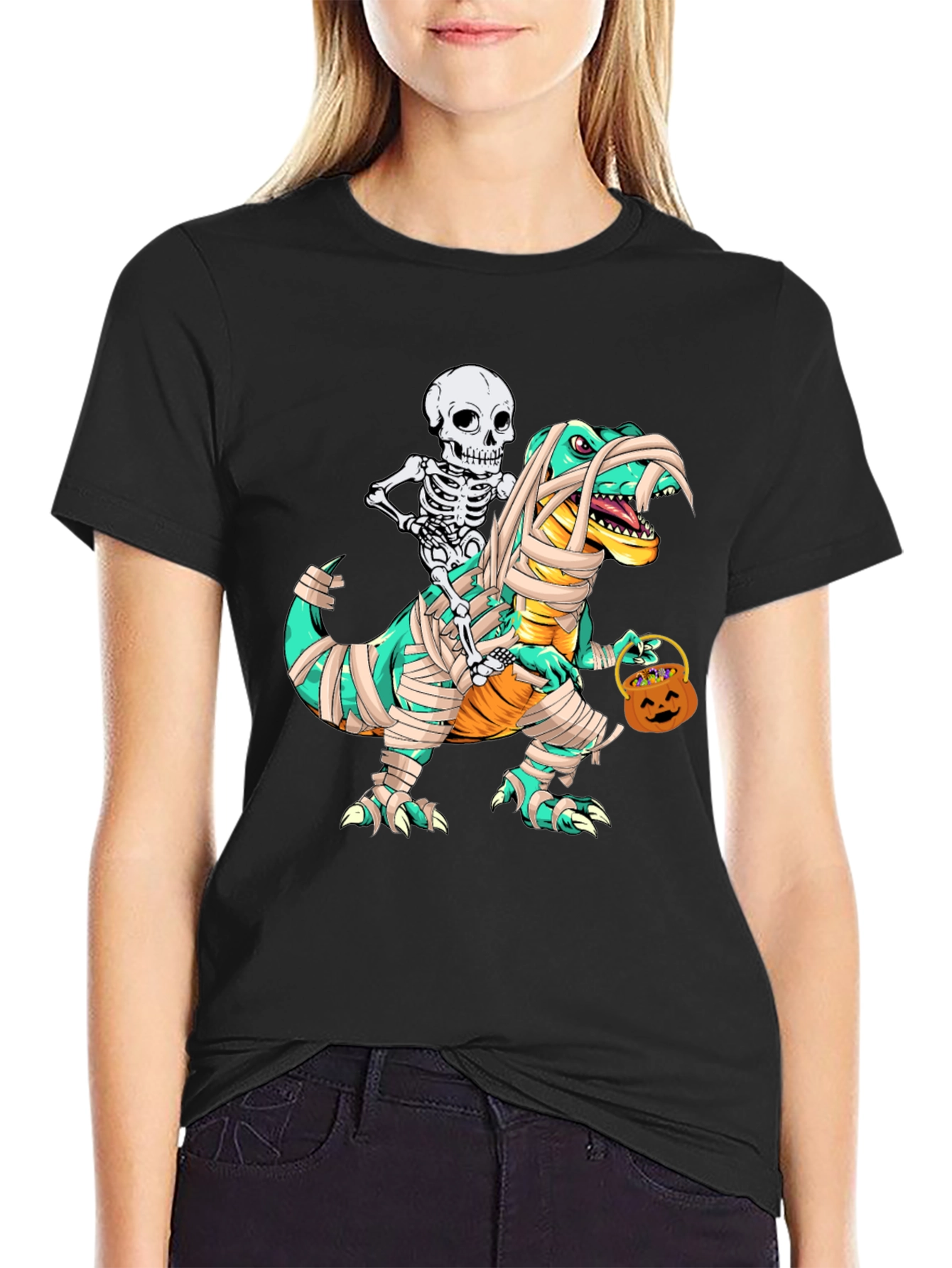 Skeleton Riding Mummy Dinosaur T-Shirt
