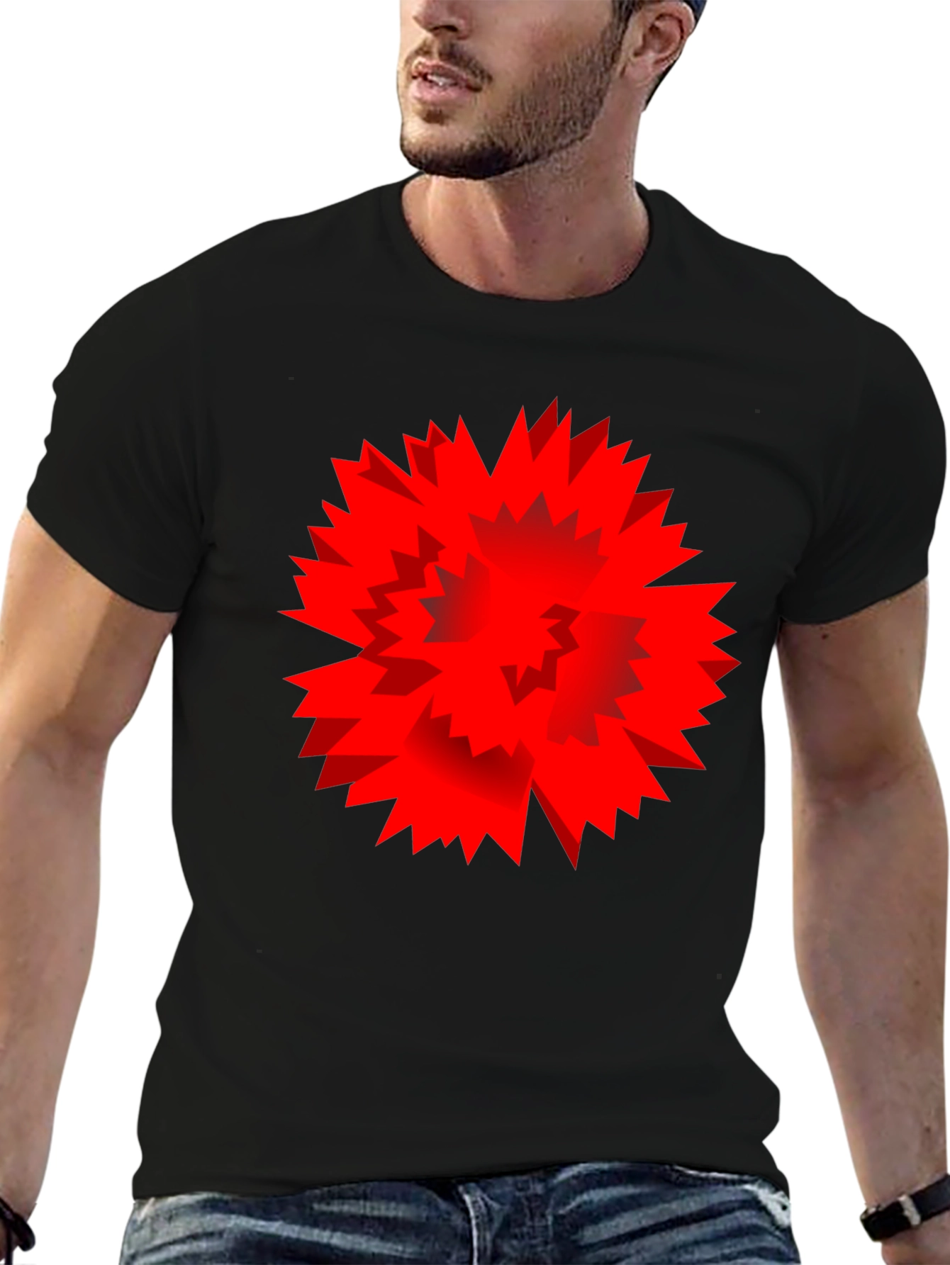 Bold Red Geometric Burst Graphic Print Black T-Shirt