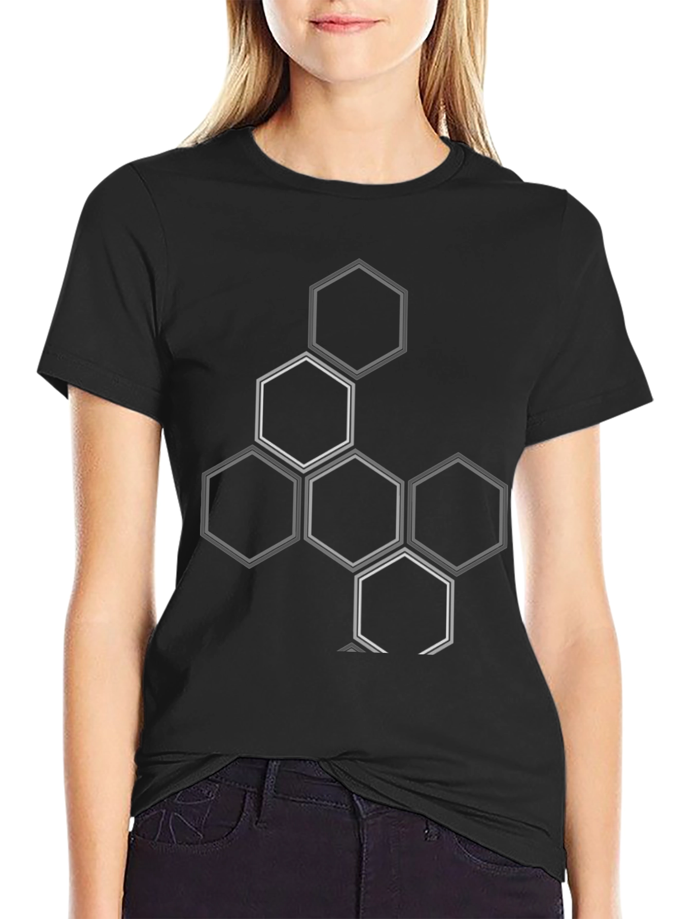Geometric Hexagon Pattern Black T-Shirt